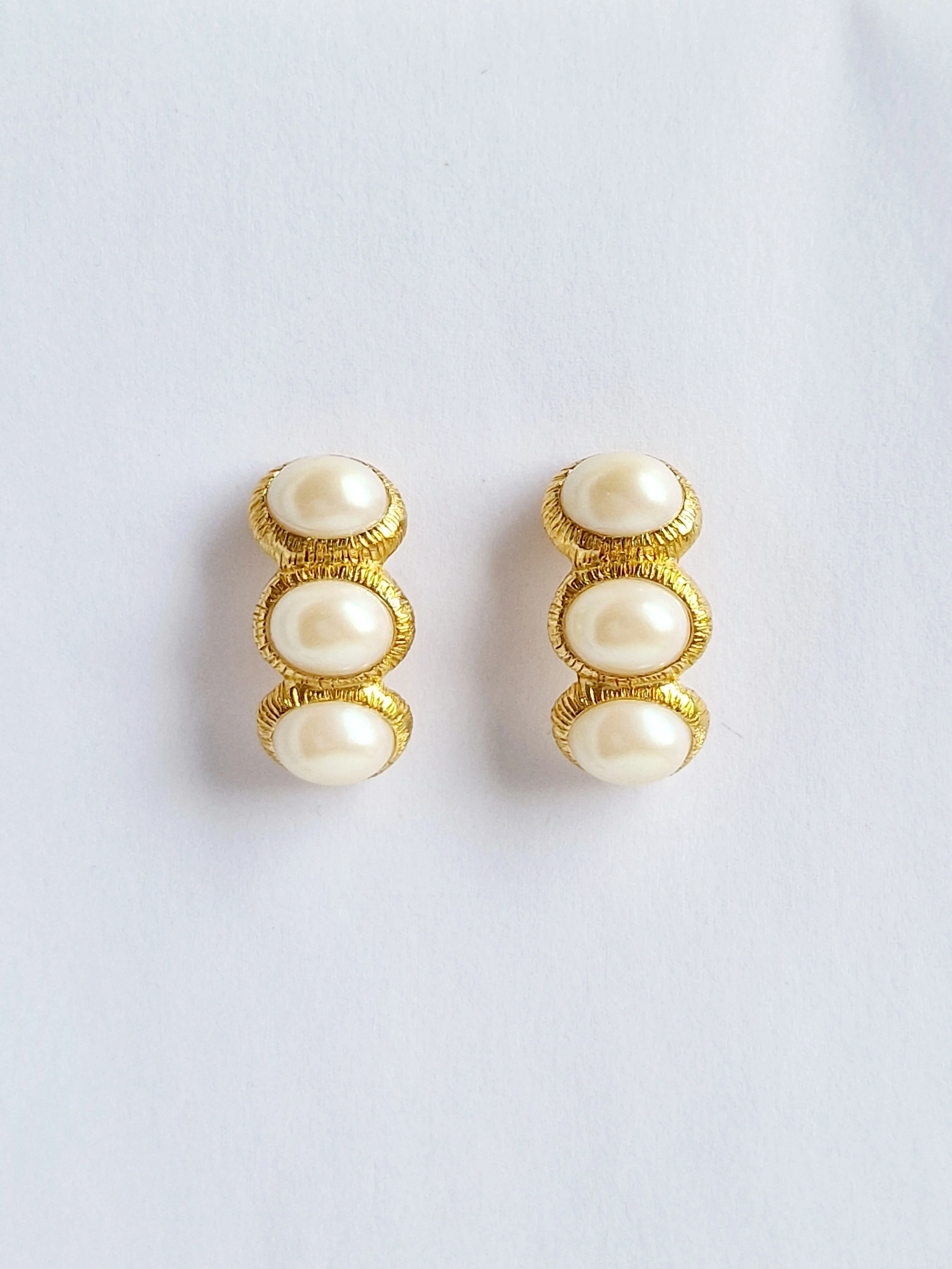 Vintage Gold Plated Half Hoop Triple Pearl Earrings