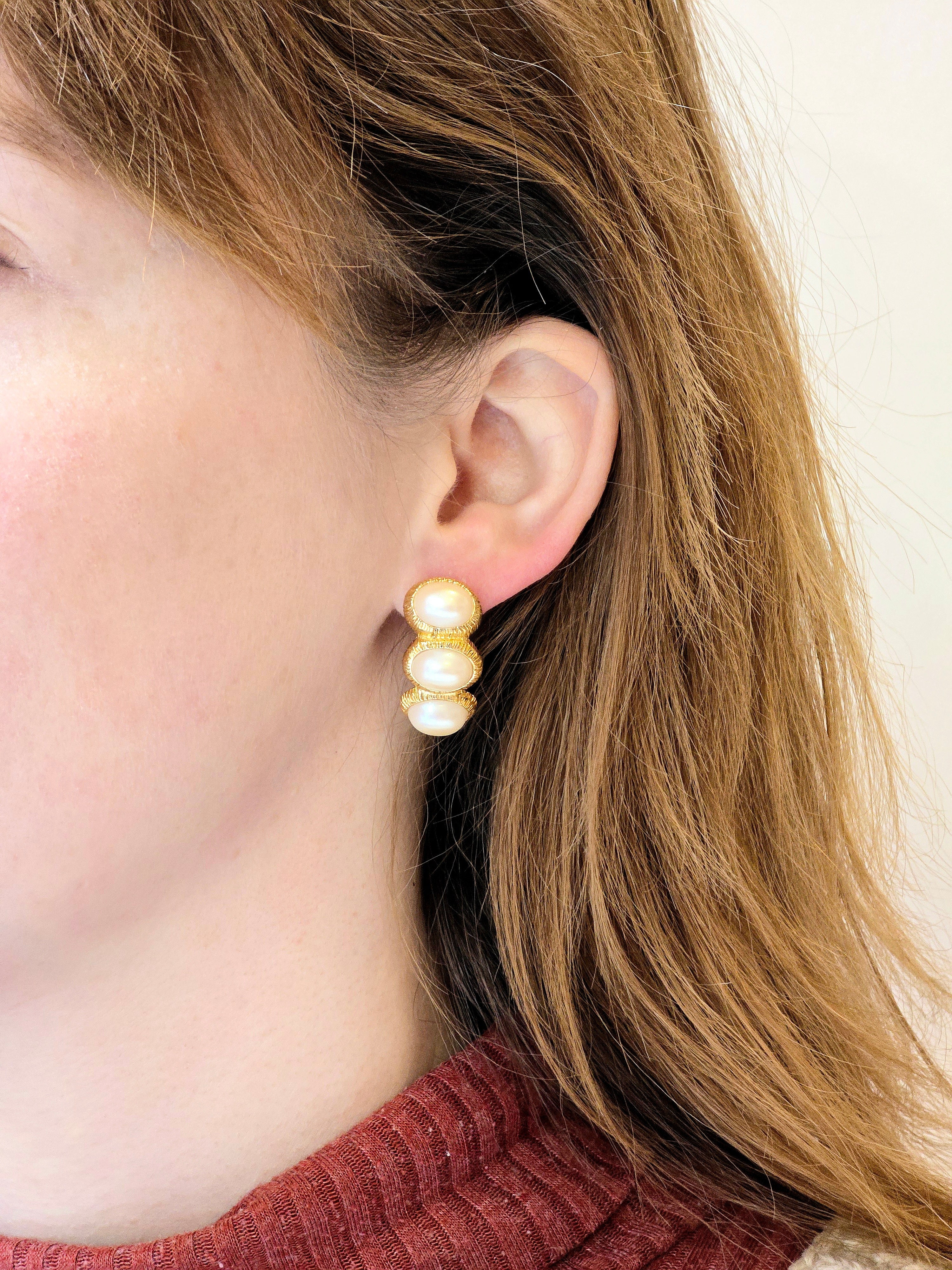 Vintage Gold Plated Half Hoop Triple Pearl Earrings - Image 2