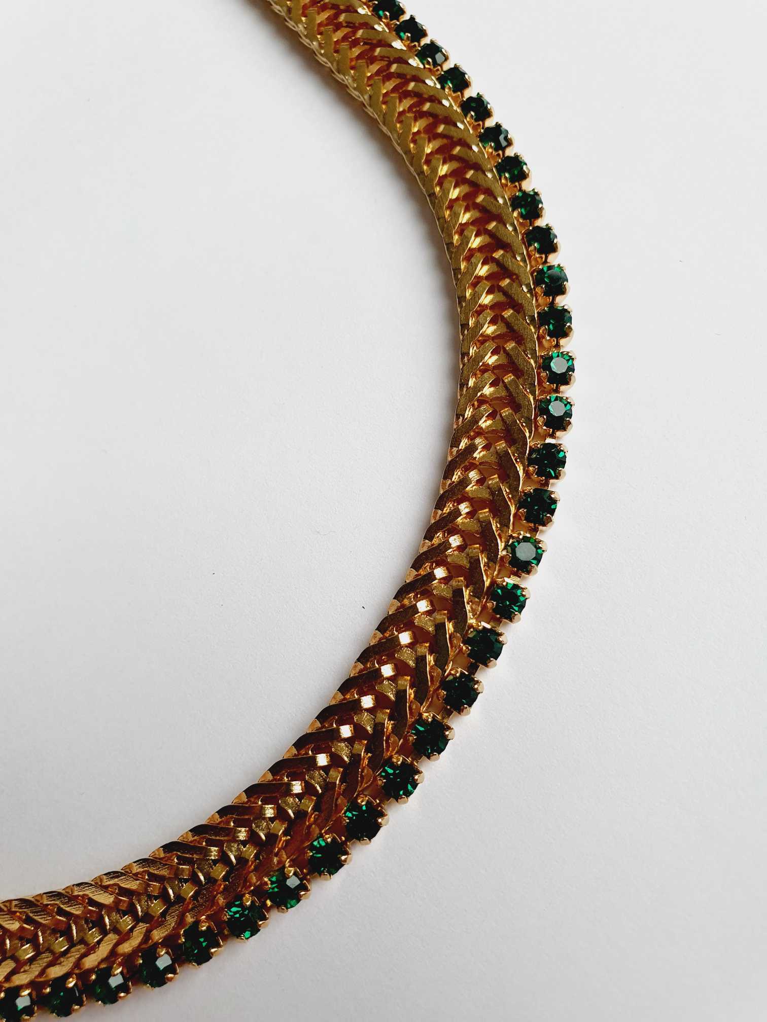 Vintage Gold Plated Herringbone Chain Necklace with Emerald Crystals - Image 4
