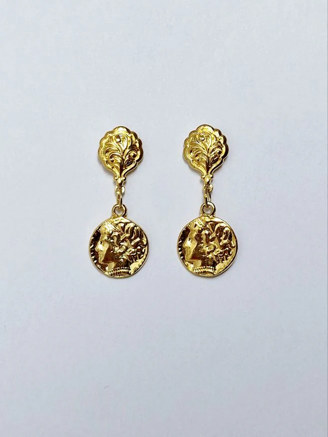 Vintage Gold Plated Ornate Ancient Greek Coin Drop Earrings
