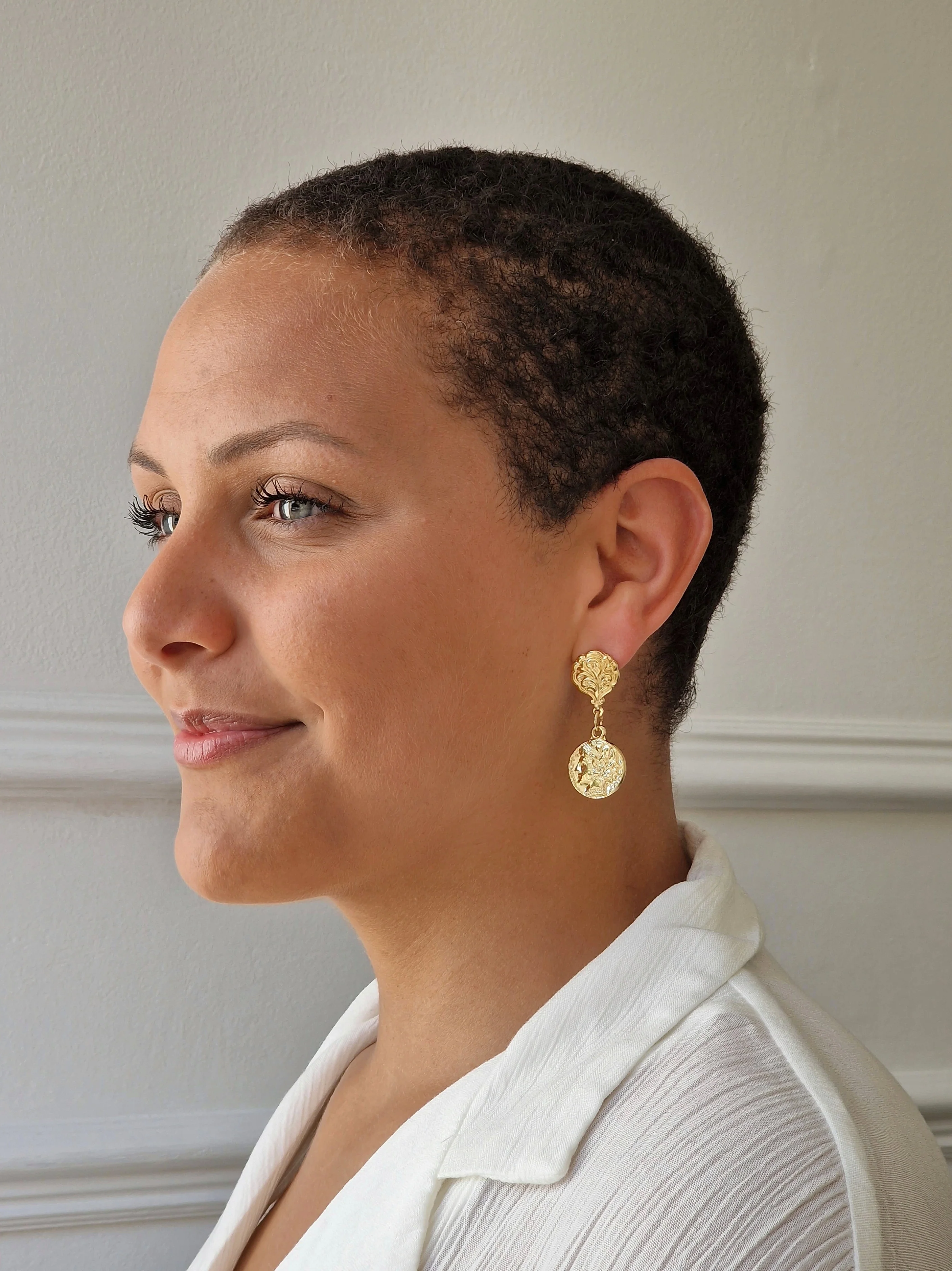 Vintage Gold Plated Ornate Ancient Greek Coin Drop Earrings - Image 2