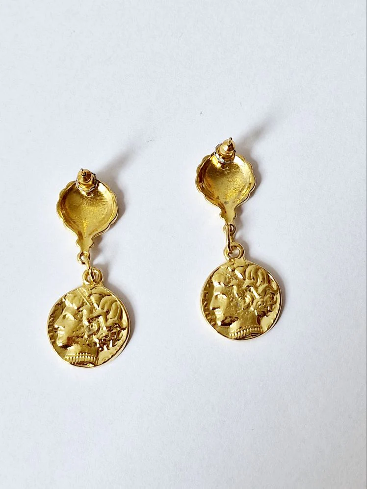 Vintage Gold Plated Ornate Ancient Greek Coin Drop Earrings - Image 3