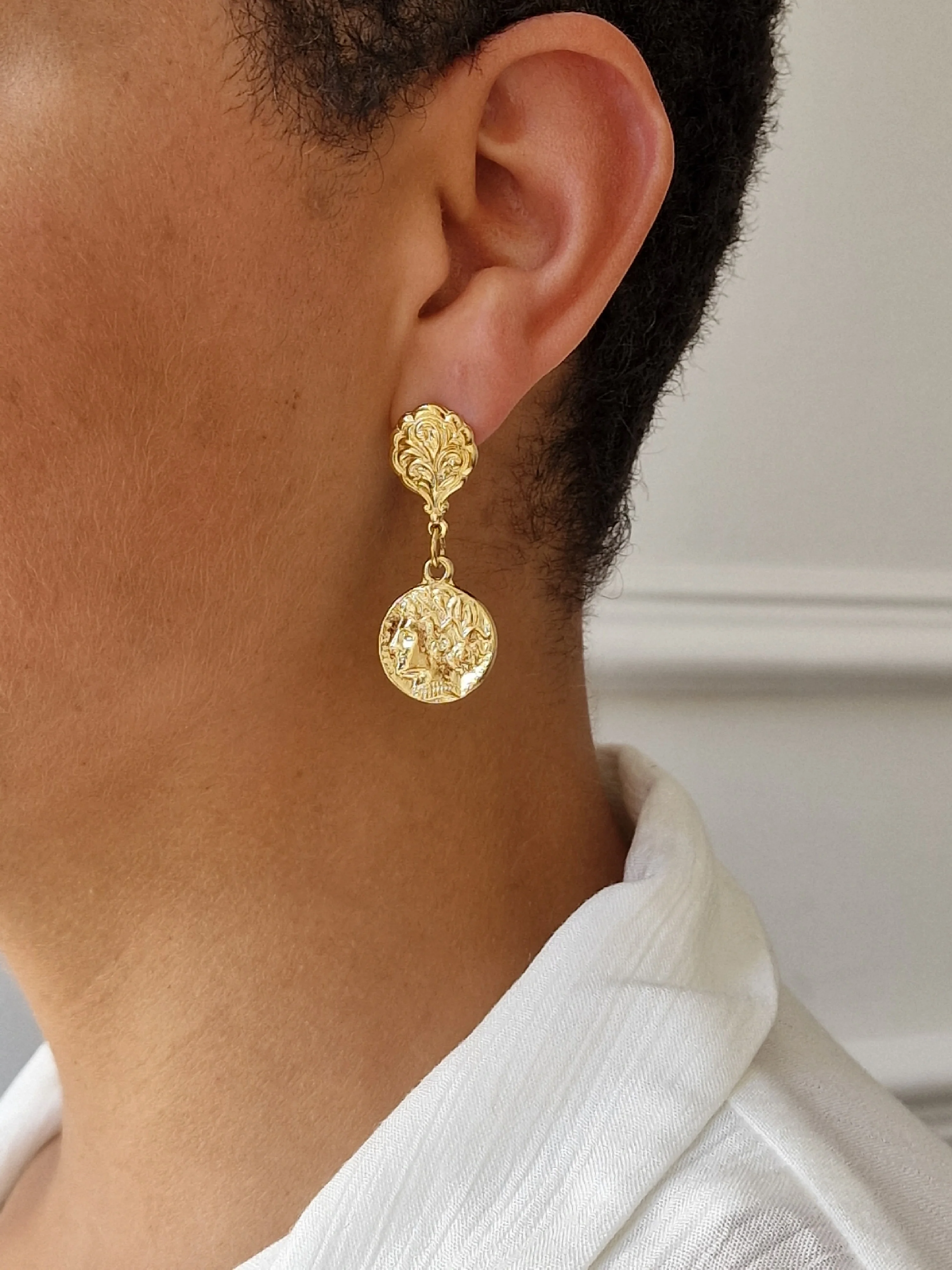 Vintage Gold Plated Ornate Ancient Greek Coin Drop Earrings - Image 4