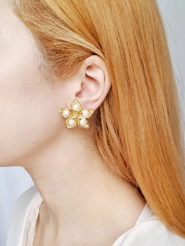 Vintage Gold Plated Pearl Flower Stud Earrings - Image 2
