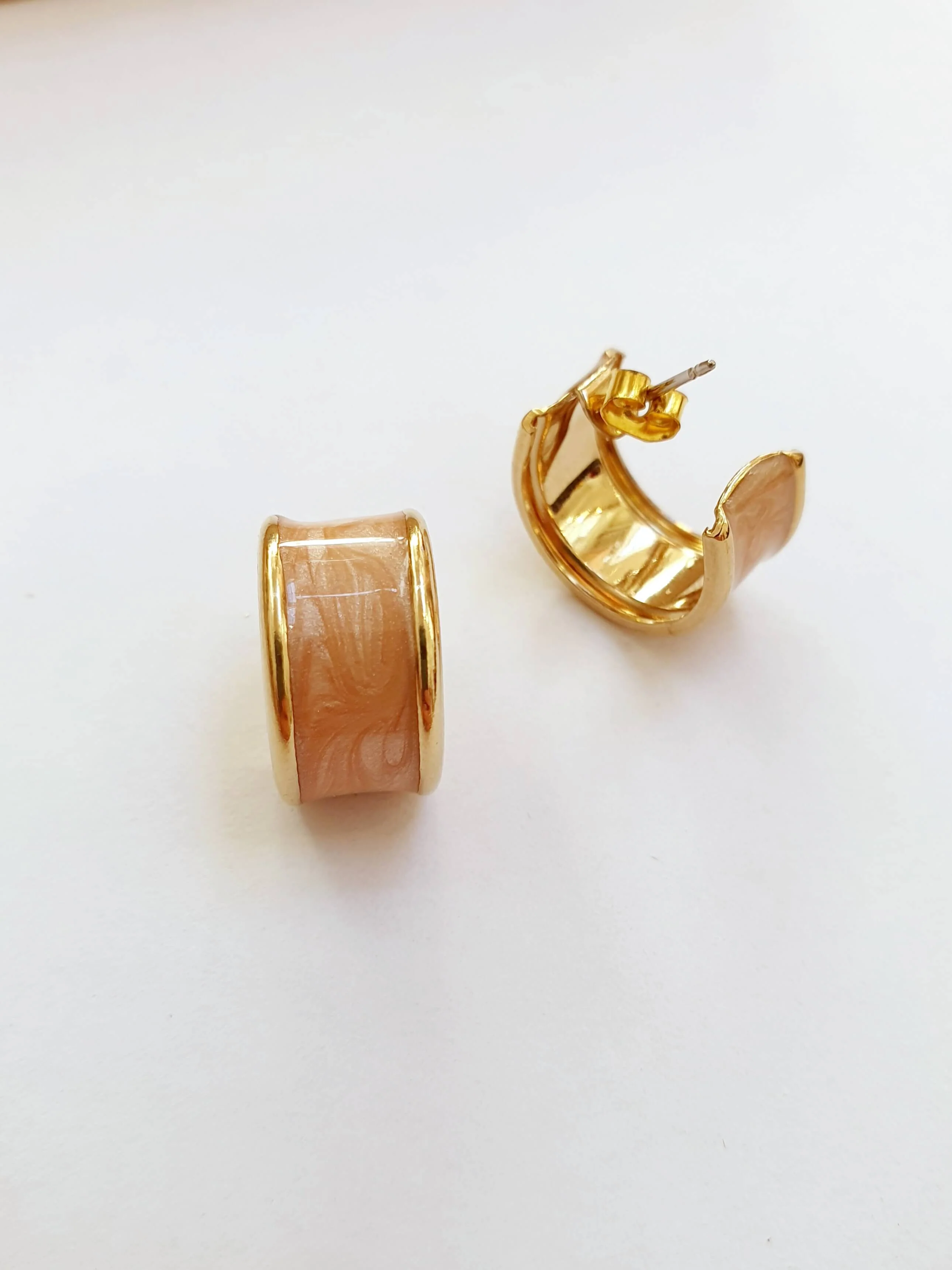 Vintage Gold Plated Pink Enamel Hoop Earrings - Image 3