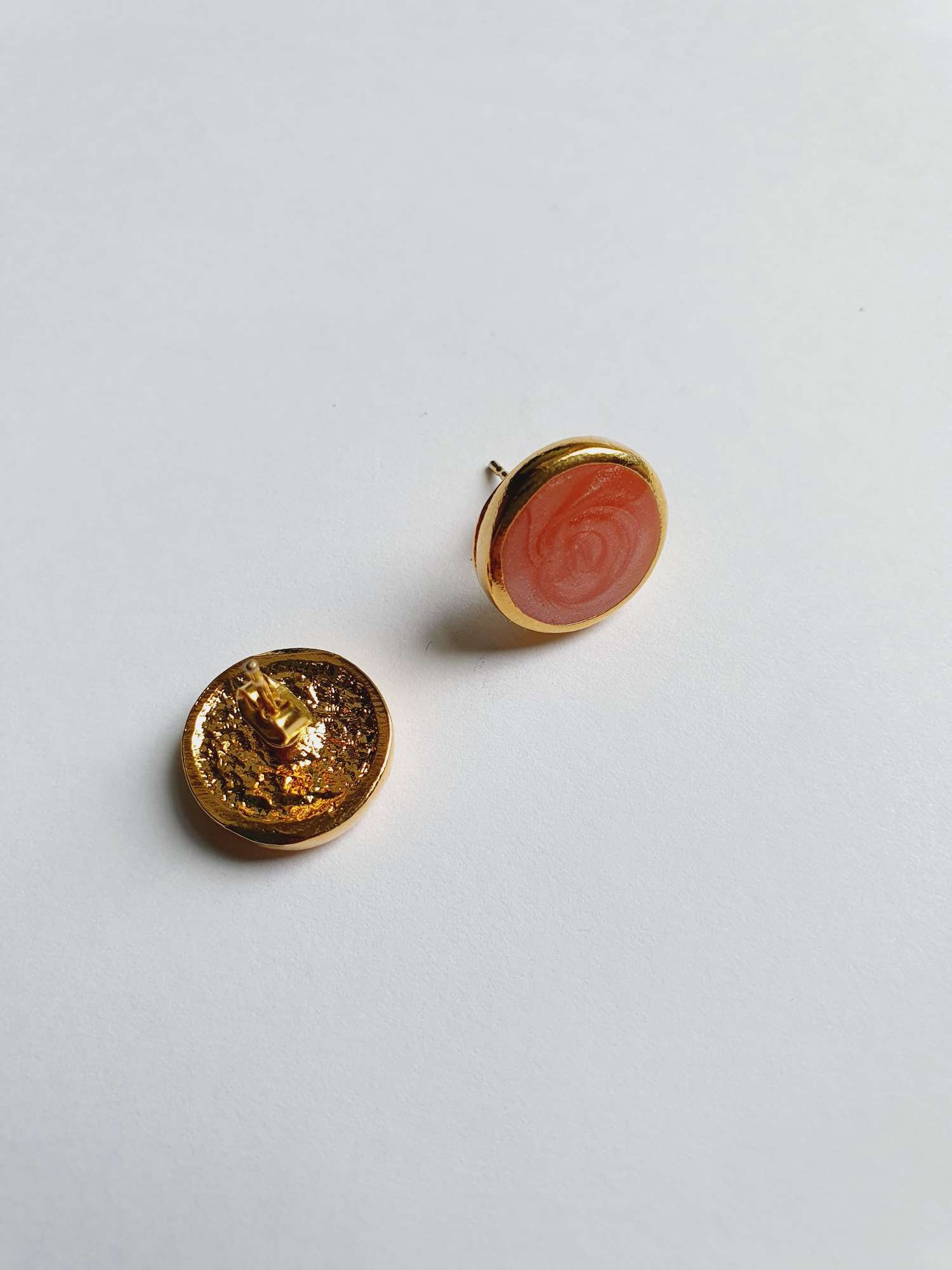 Vintage Gold Plated Pink Enamel Round Stud Earrings - Image 3