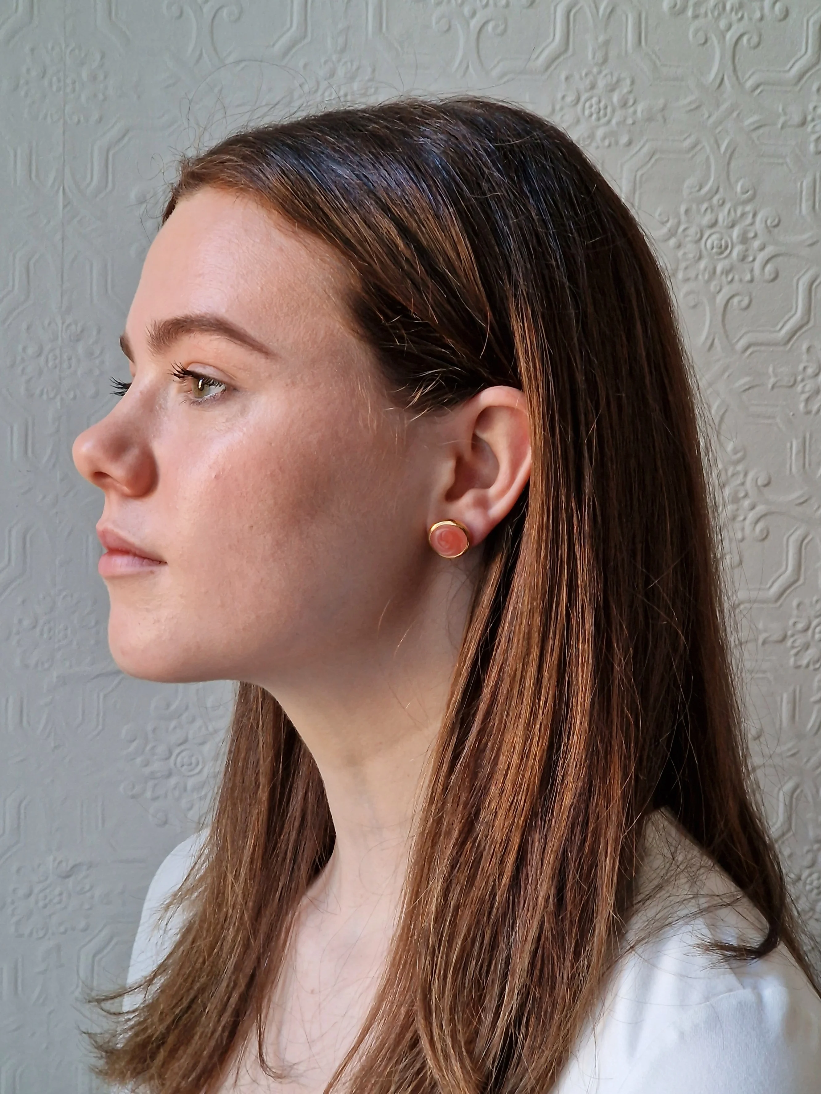 Vintage Gold Plated Pink Enamel Round Stud Earrings - Image 5