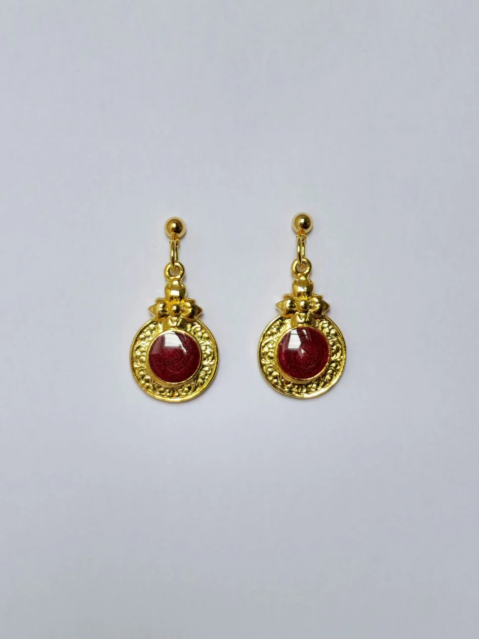 Vintage Gold Plated Round Drop Earrings with Dark Red Enamel - Image 2