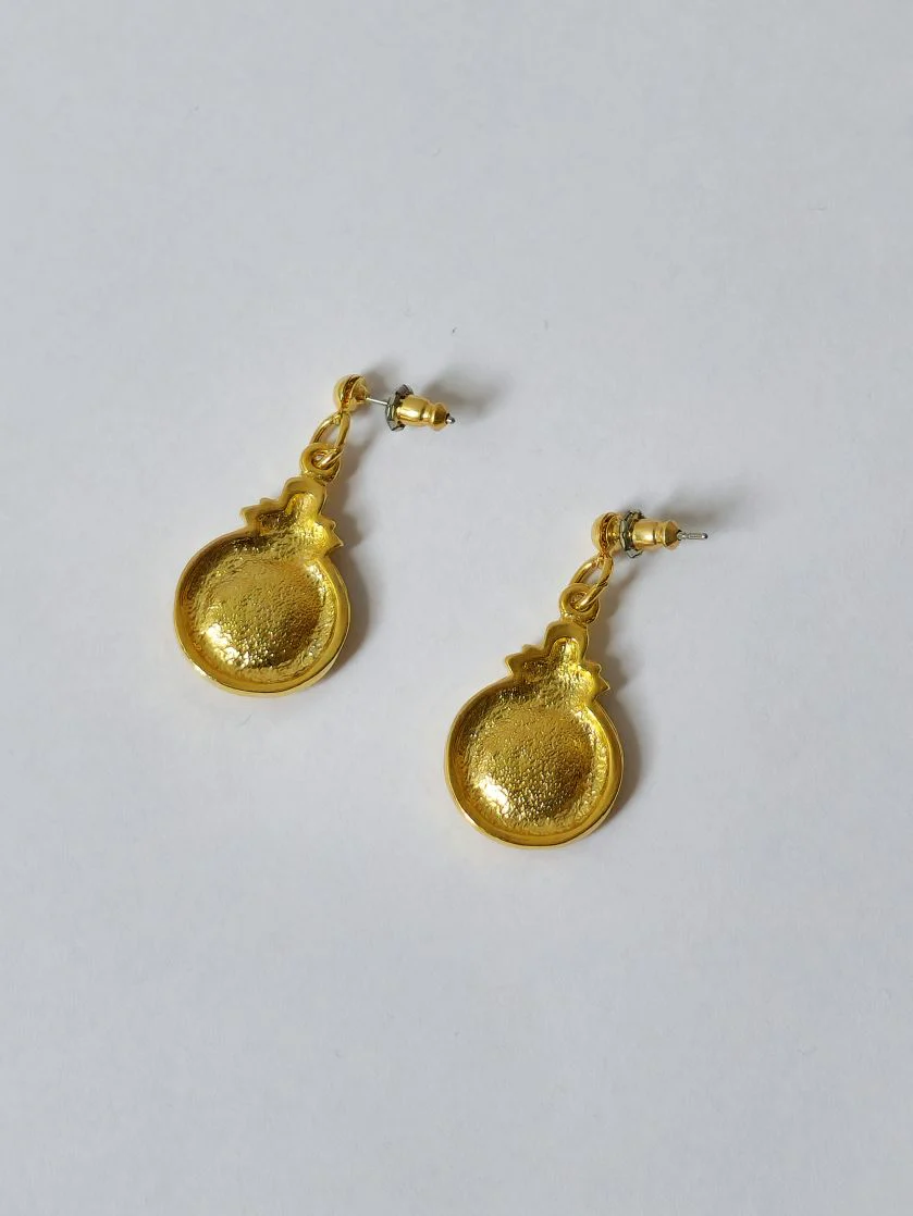 Vintage Gold Plated Round Drop Earrings with Dark Red Enamel - Image 3