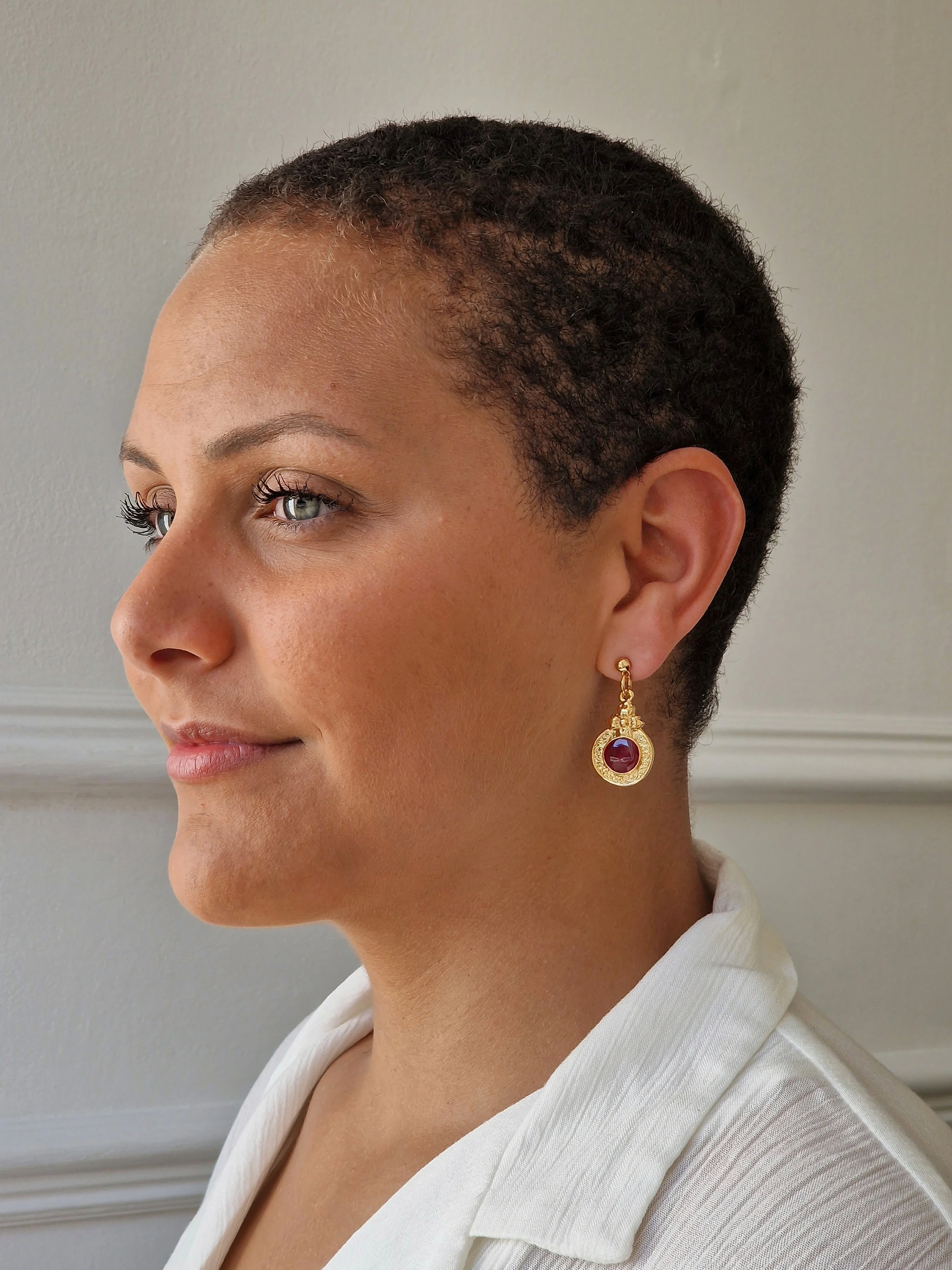 Vintage Gold Plated Round Drop Earrings with Dark Red Enamel - Image 4