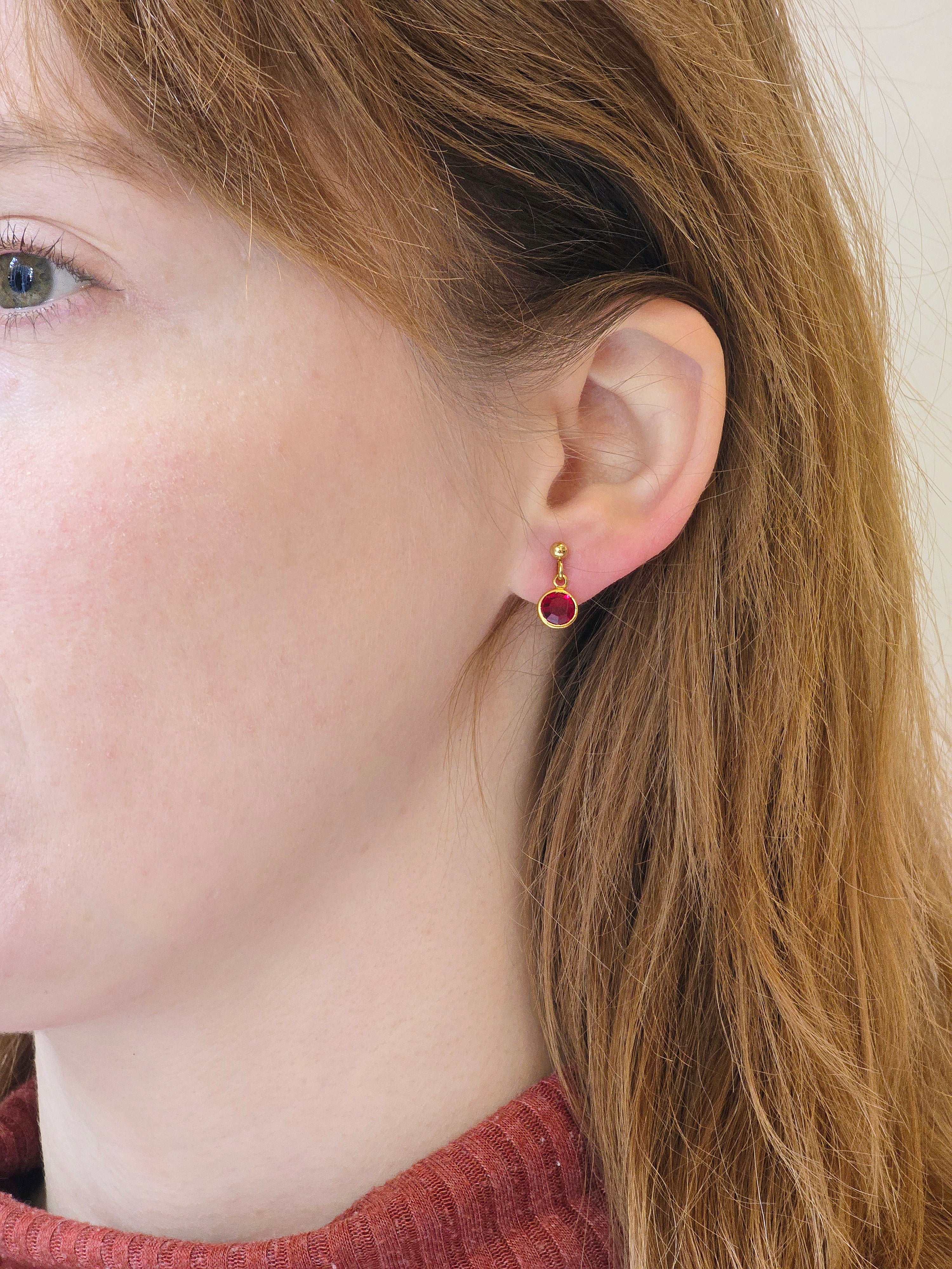 Vintage Gold Plated Ruby Red Crystal Drop Earrings - Image 2