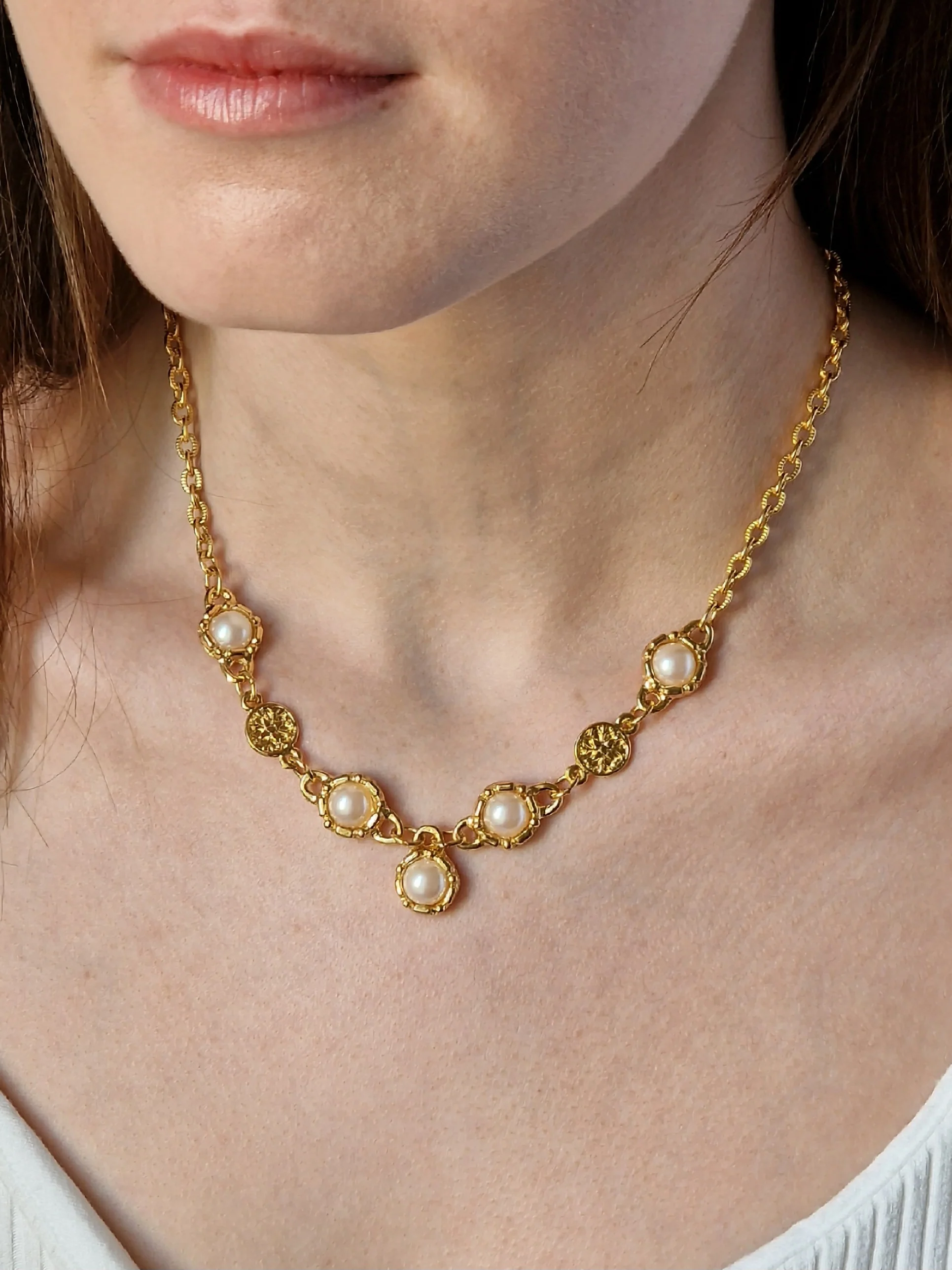 Vintage Gold Plated Statement Chain Necklace with Pearl Charm by Legacy - Image 2