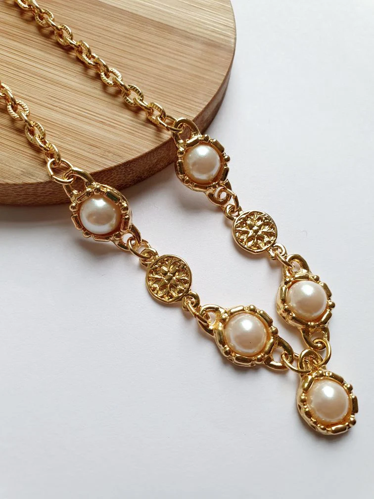 Vintage Gold Plated Statement Chain Necklace with Pearl Charm by Legacy - Image 3