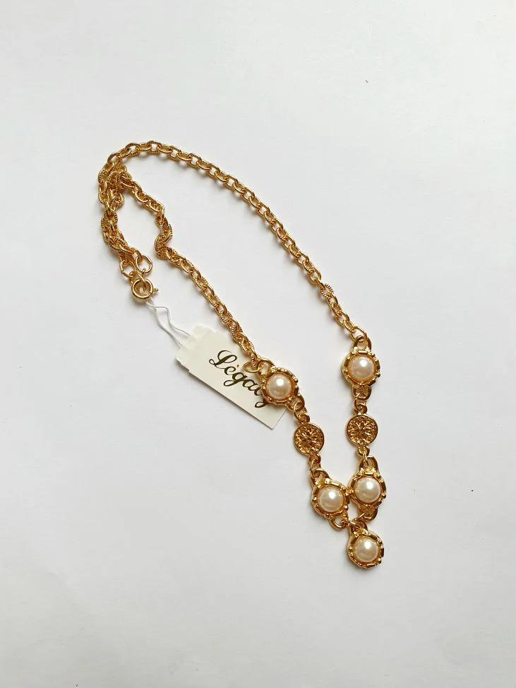 Vintage Gold Plated Statement Chain Necklace with Pearl Charm by Legacy - Image 4
