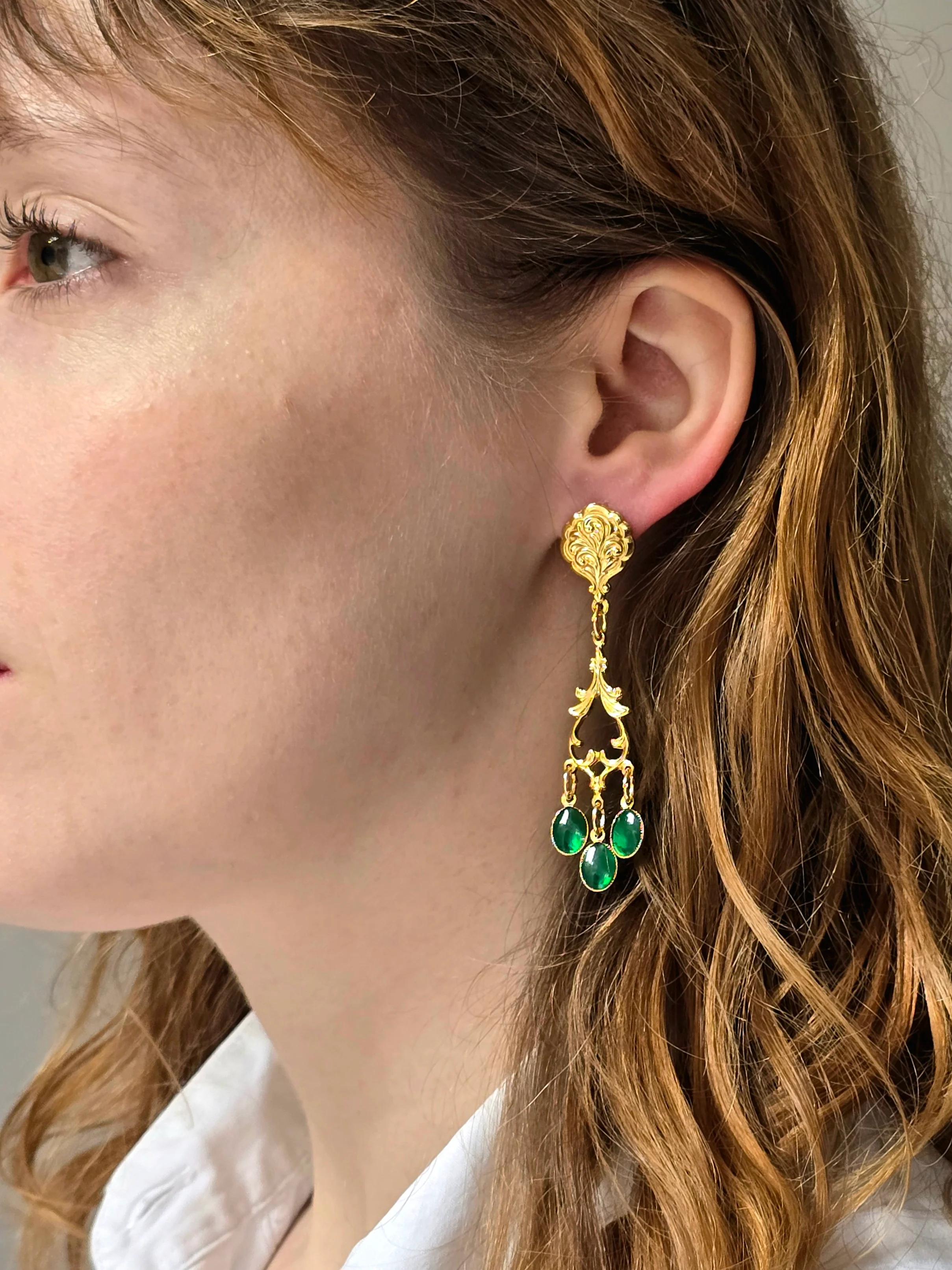 Vintage Gold Plated Statement Drop Earrings with Green Enamel - Image 2