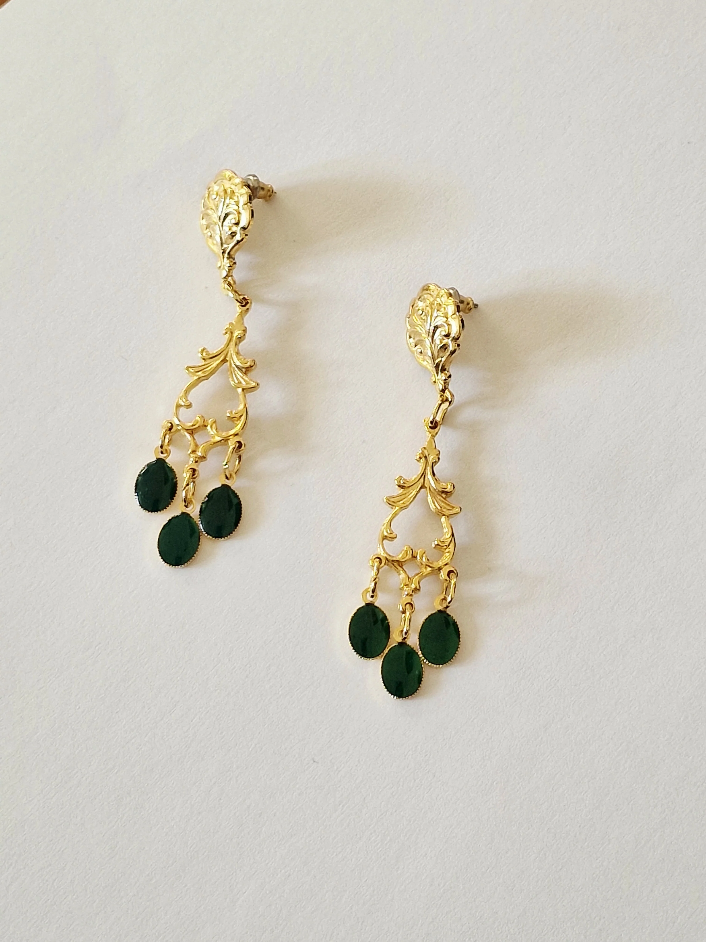 Vintage Gold Plated Statement Drop Earrings with Green Enamel - Image 3