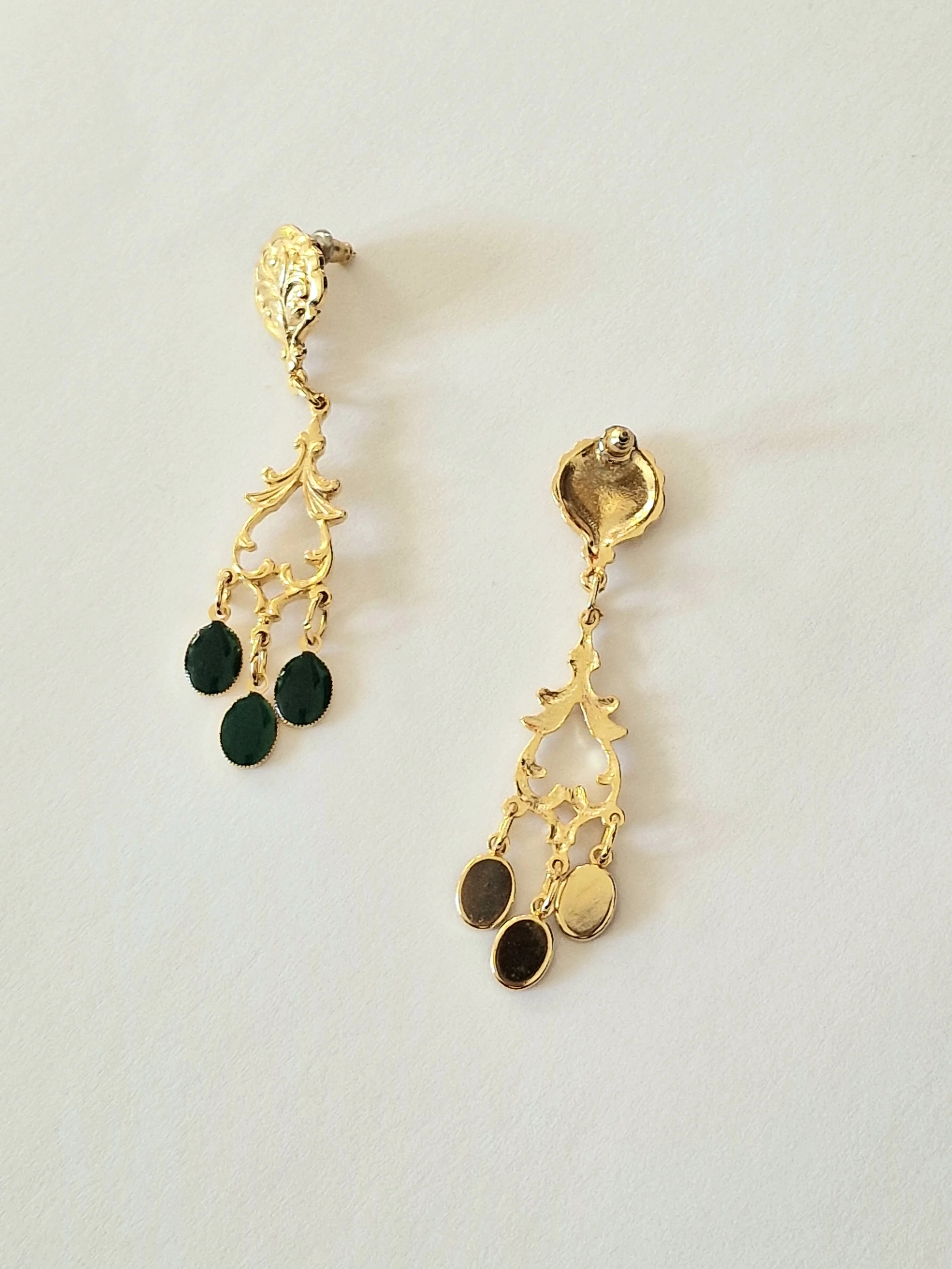 Vintage Gold Plated Statement Drop Earrings with Green Enamel - Image 4