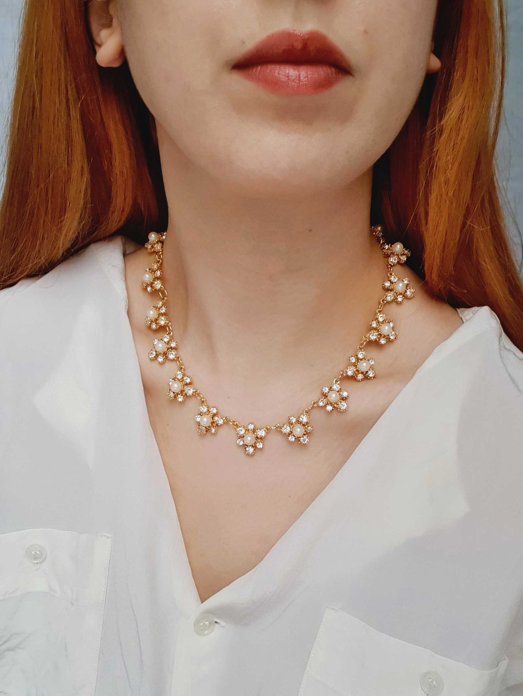 Vintage Gold Plated Statement Pearls & Crystals Necklace - Image 2