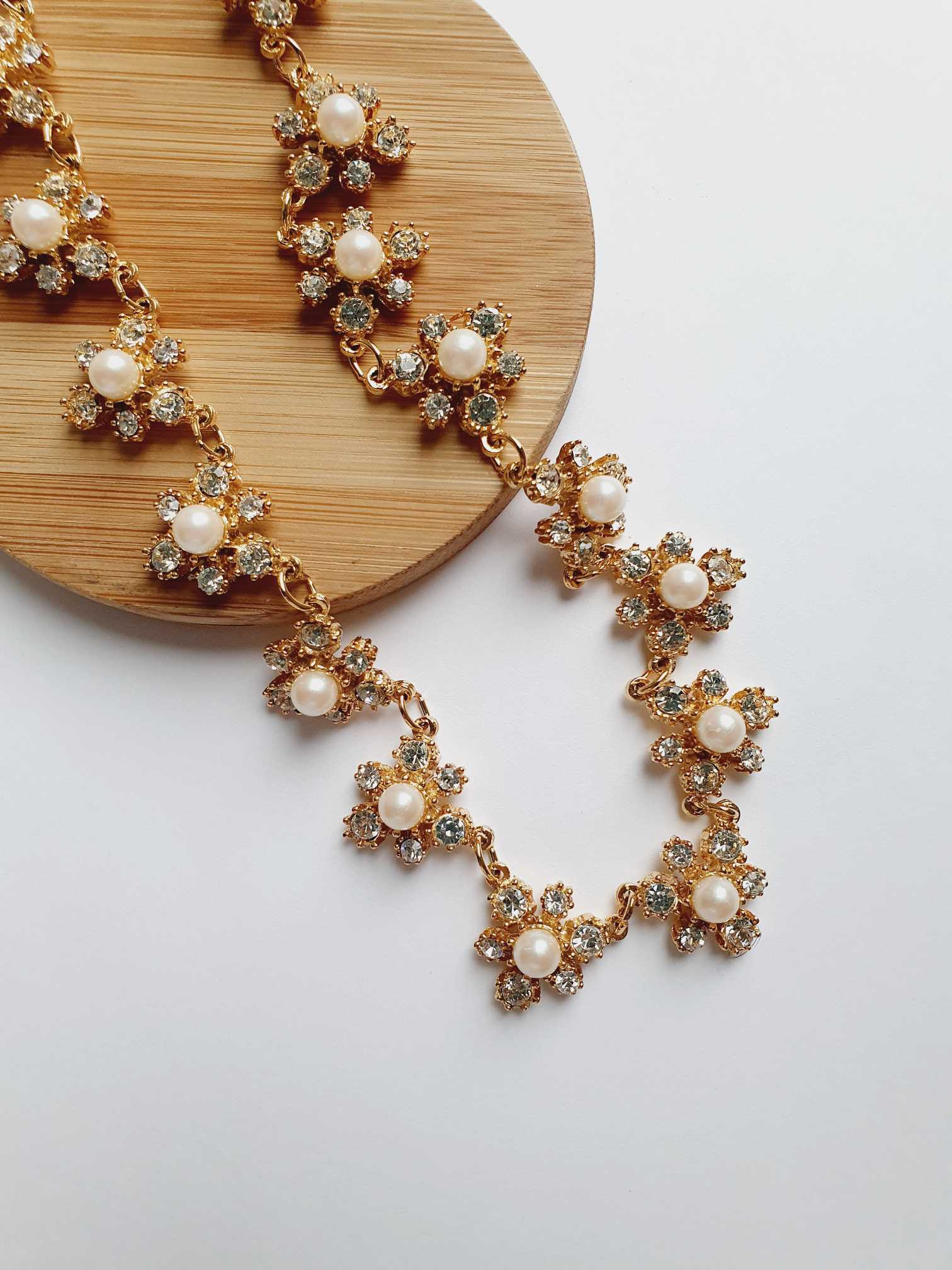 Vintage Gold Plated Statement Pearls & Crystals Necklace - Image 7