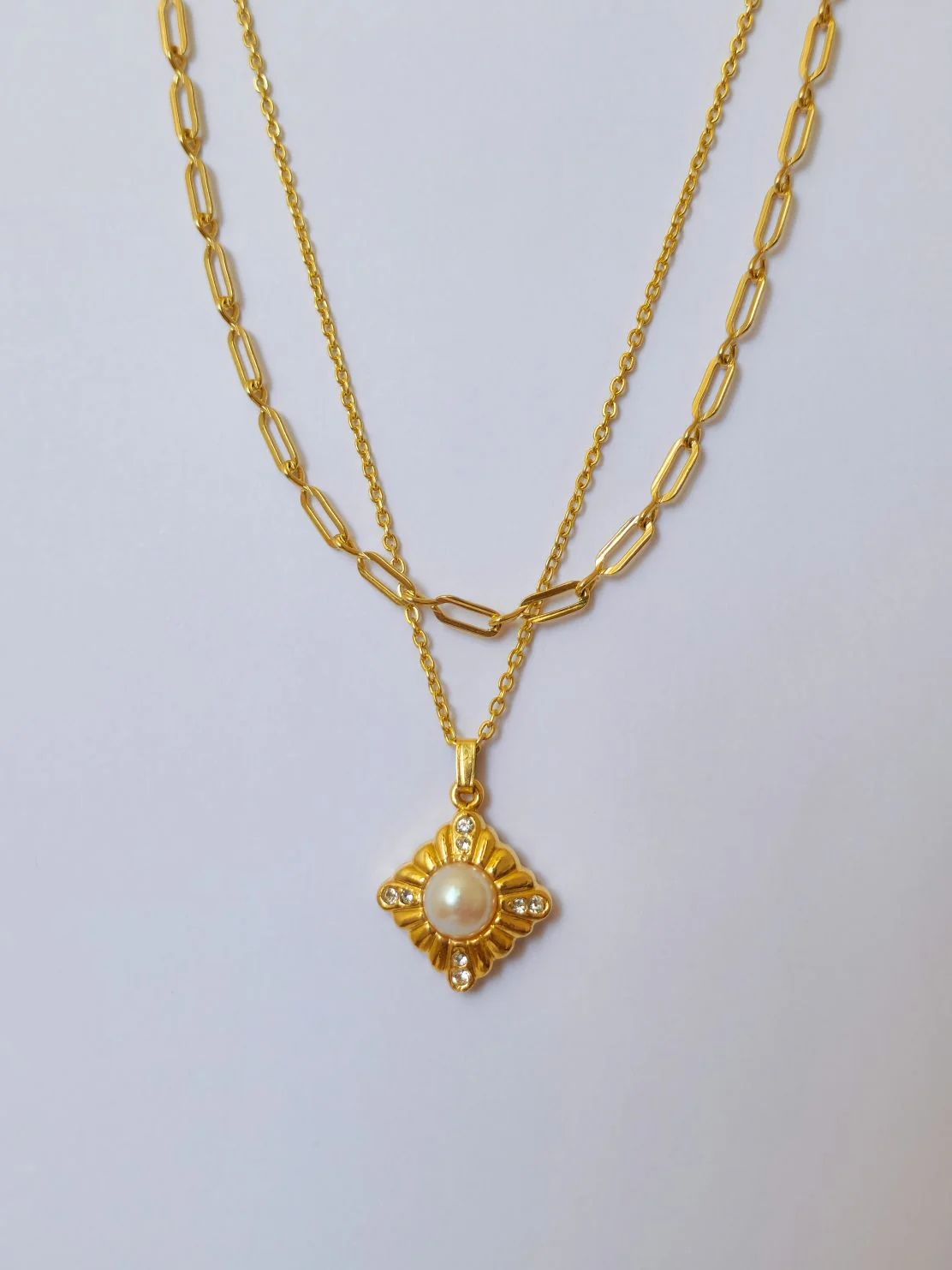 Vintage Gold Plated Thin Cable Chain Pendant Necklace with Pearl and Crystals - Image 5