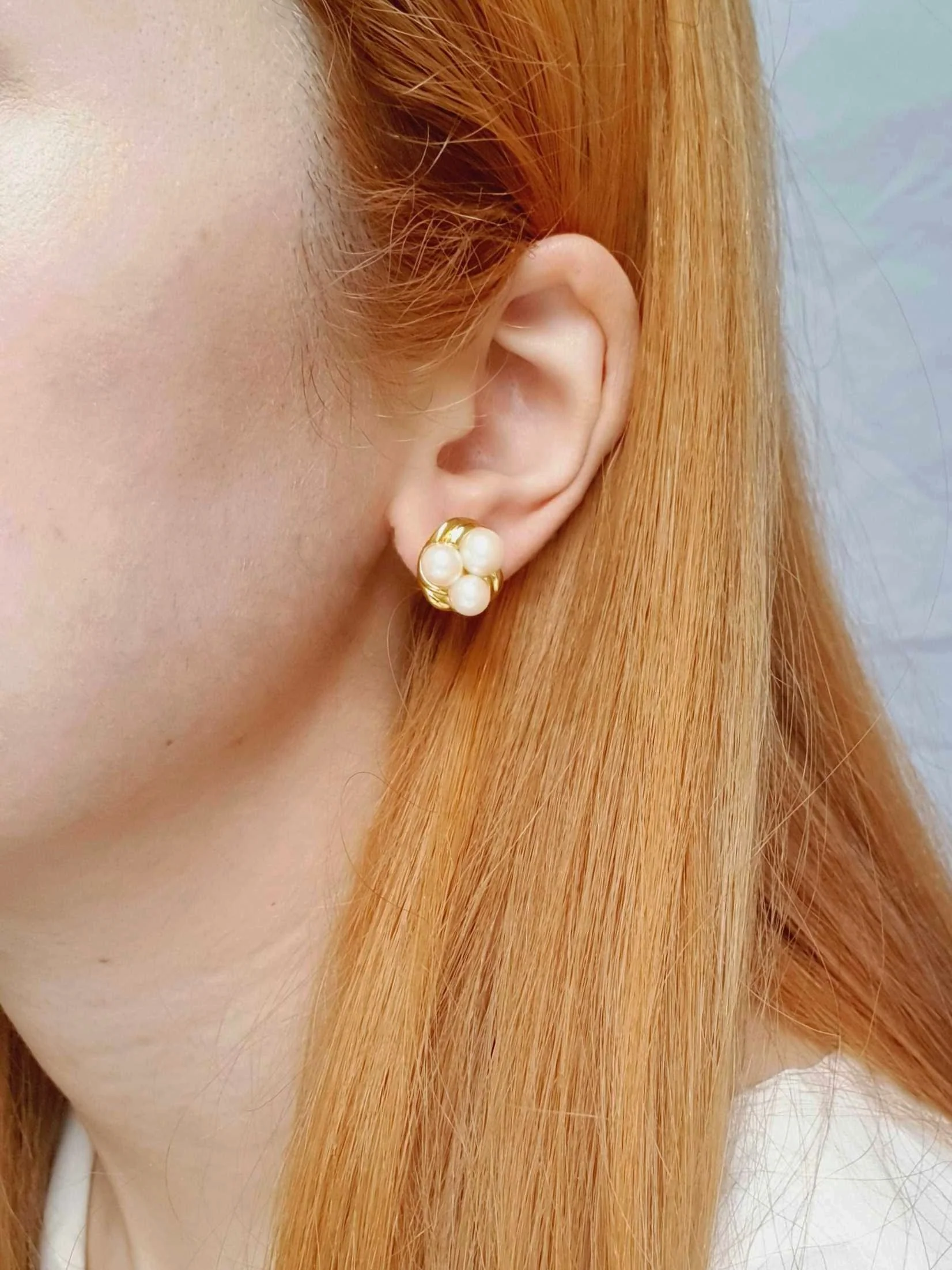 Vintage Gold Plated Triple Pearl Stud Earrings - Image 2