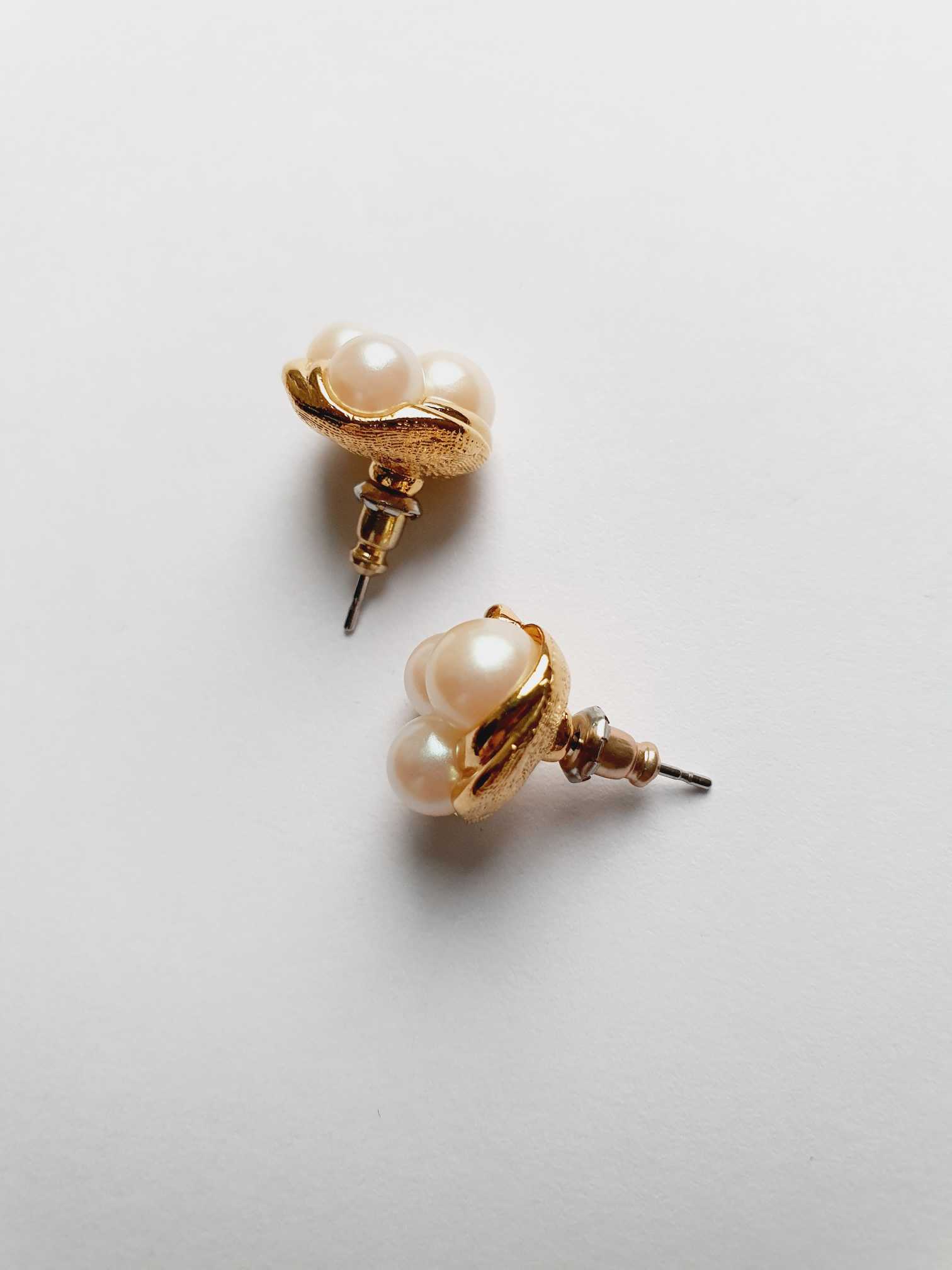 Vintage Gold Plated Triple Pearl Stud Earrings - Image 3
