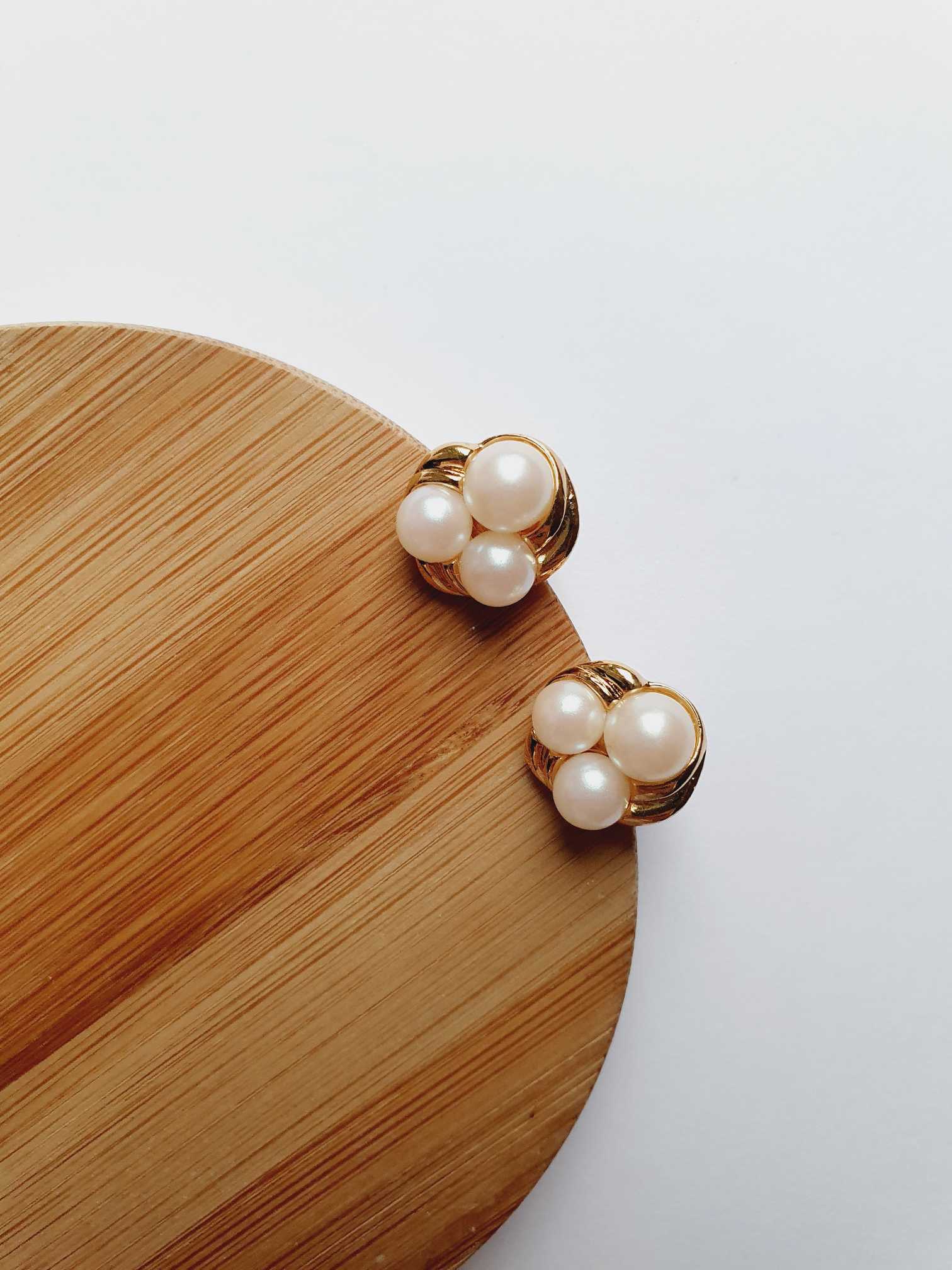 Vintage Gold Plated Triple Pearl Stud Earrings - Image 4