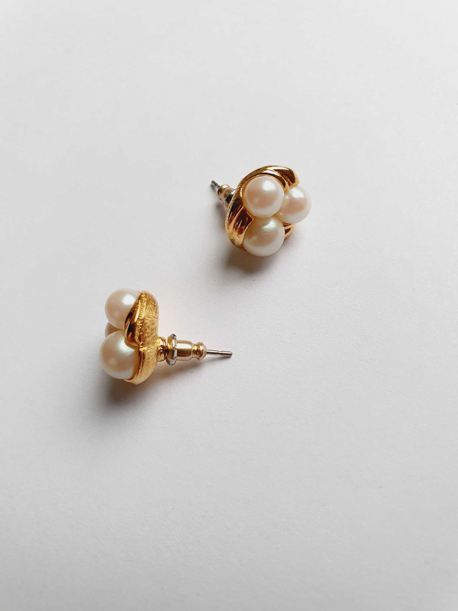 Vintage Gold Plated Triple Pearl Stud Earrings - Image 5