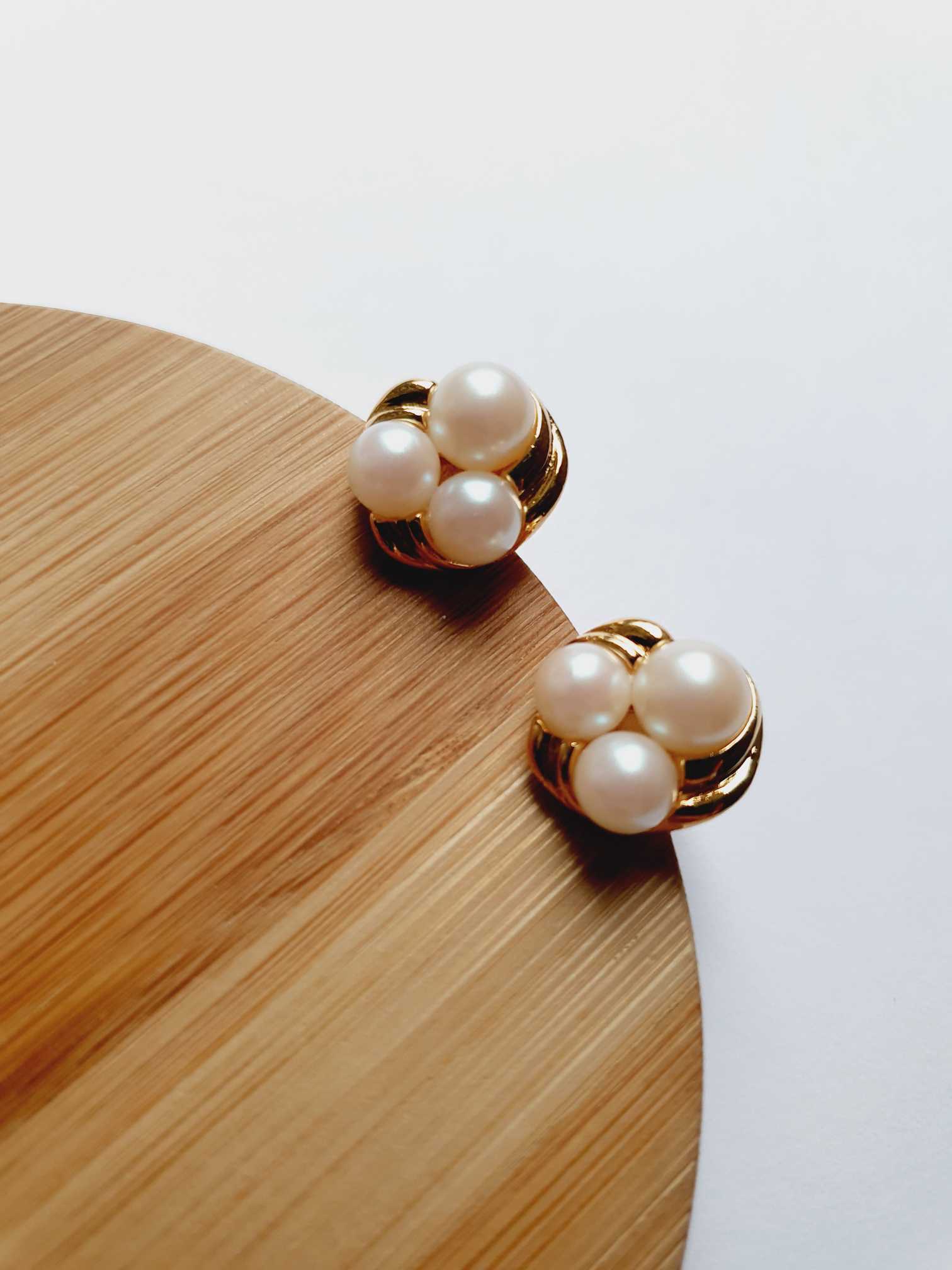 Vintage Gold Plated Triple Pearl Stud Earrings - Image 7