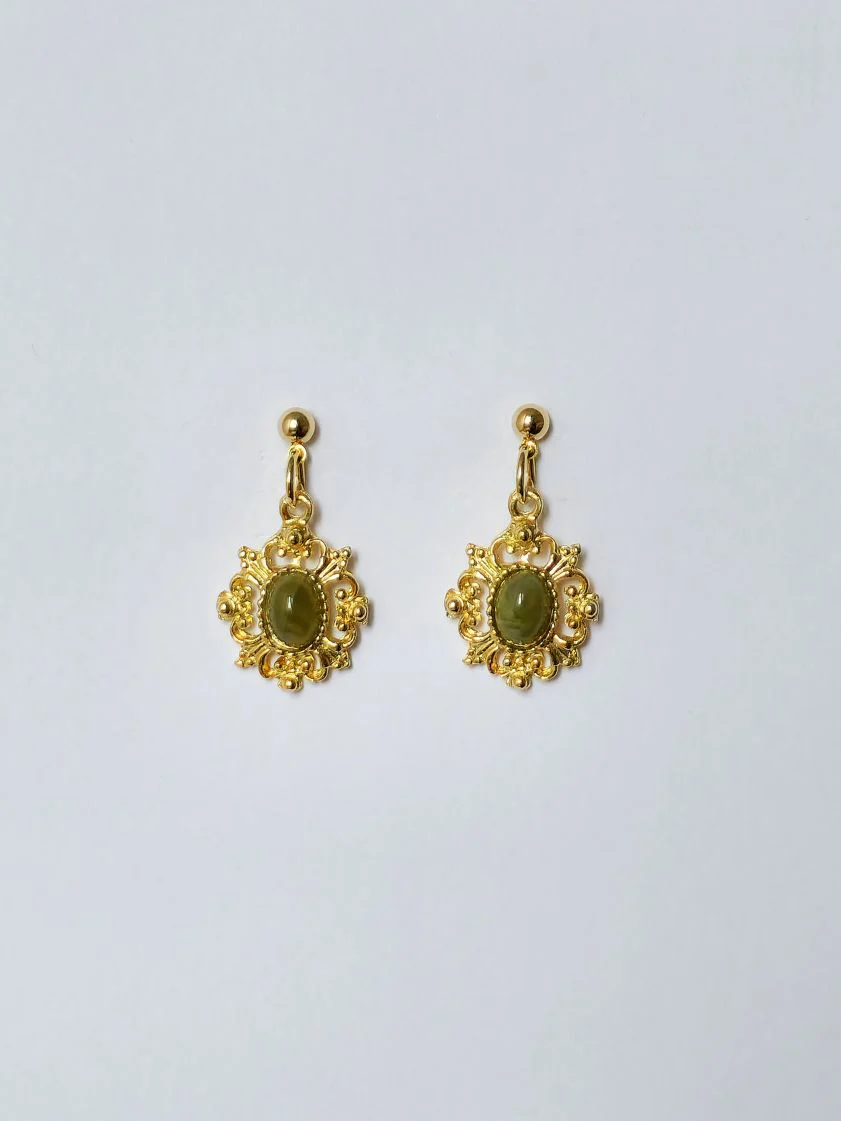 Vintage Gold Plated Victorian Style Ornate Drop Earrings with Faux Jade Stone