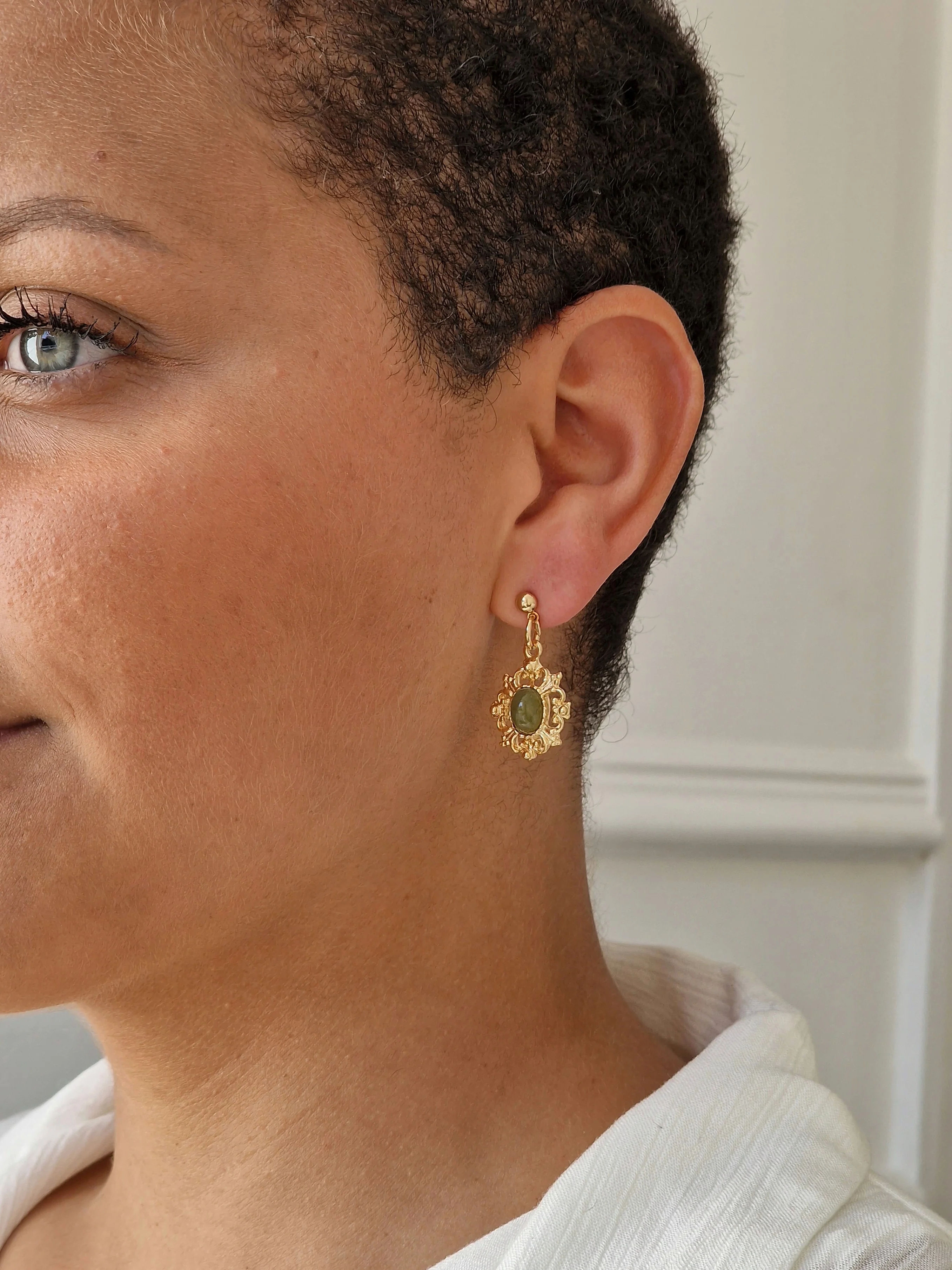 Vintage Gold Plated Victorian Style Ornate Drop Earrings with Faux Jade Stone - Image 2