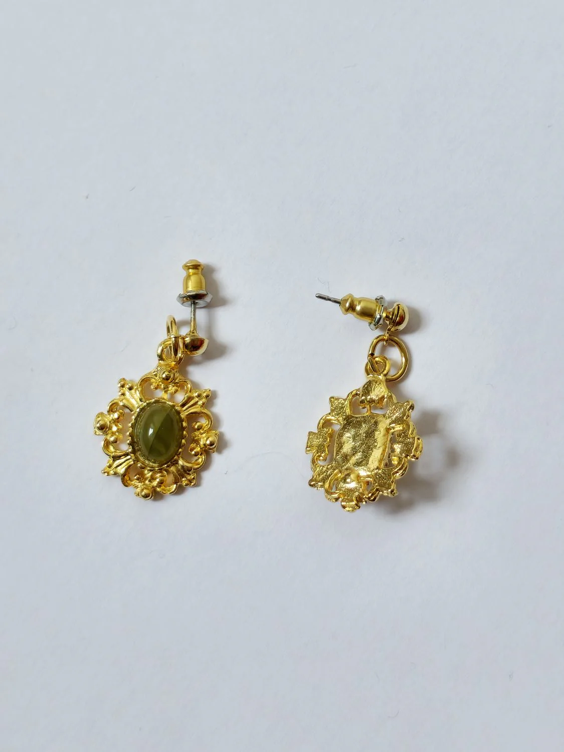 Vintage Gold Plated Victorian Style Ornate Drop Earrings with Faux Jade Stone - Image 3