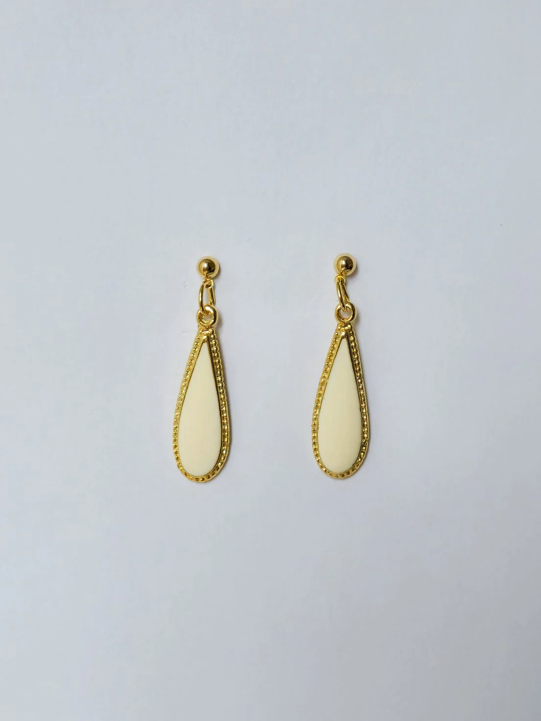 Vintage Gold Plated White Enamel Drop Earrings - Image 2