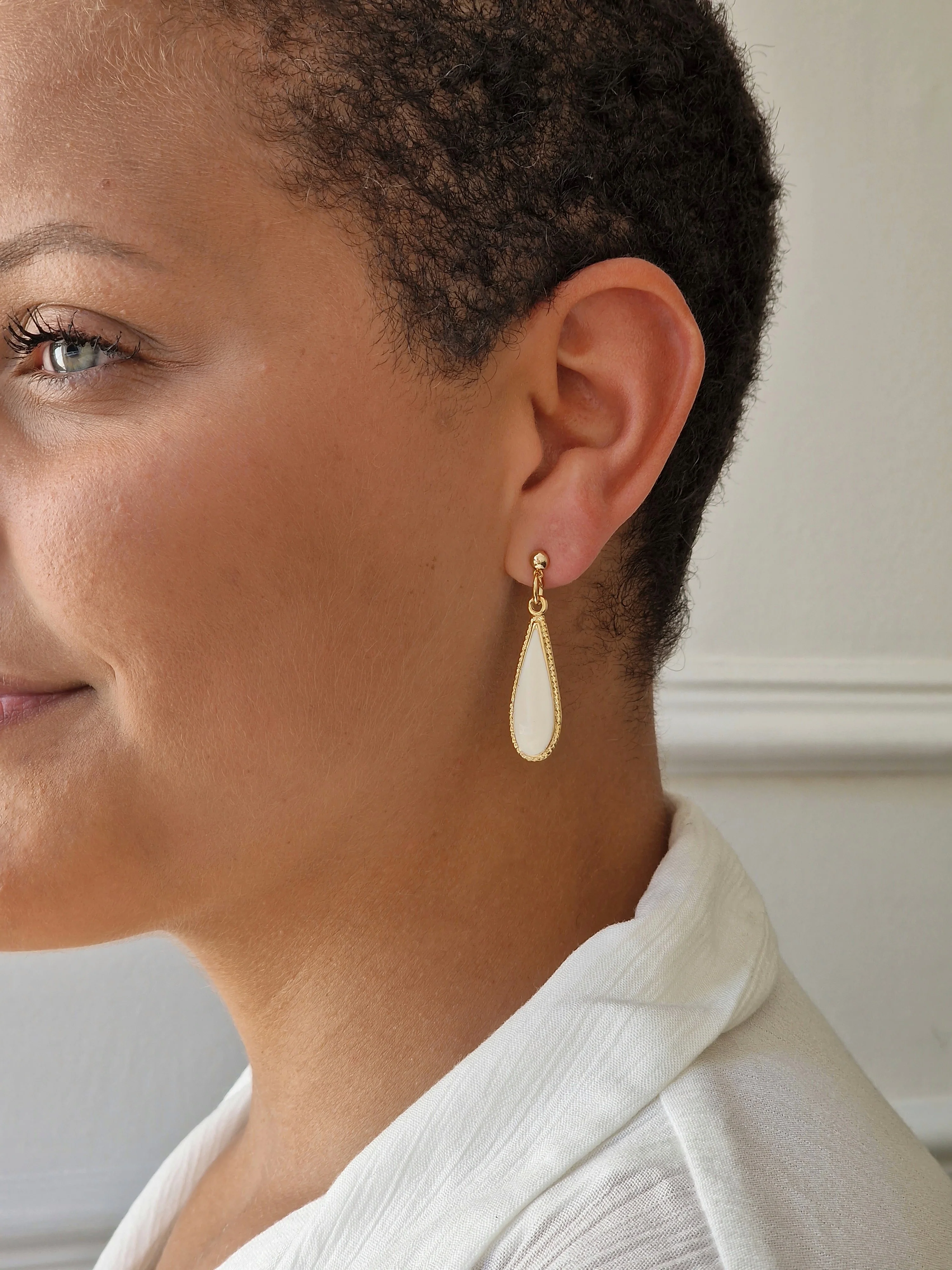 Vintage Gold Plated White Enamel Drop Earrings - Image 5