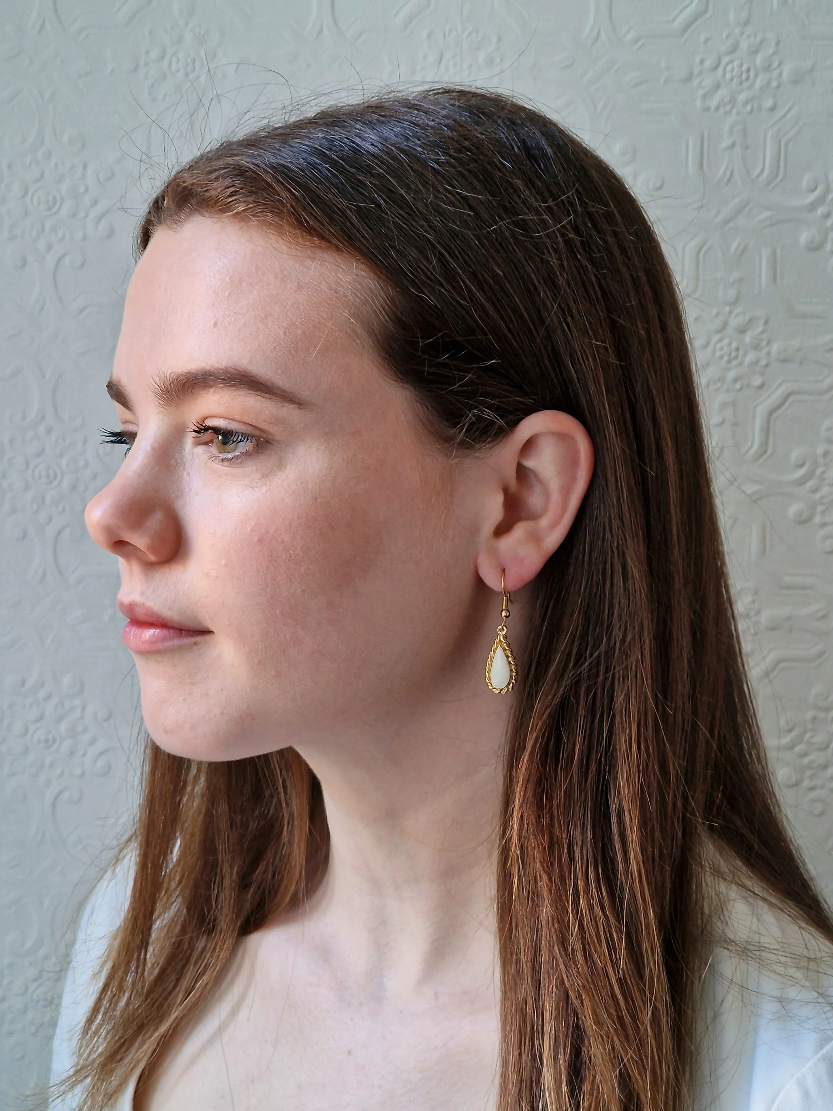 Vintage Gold Plated White Enamel Drop Earrings - Image 3