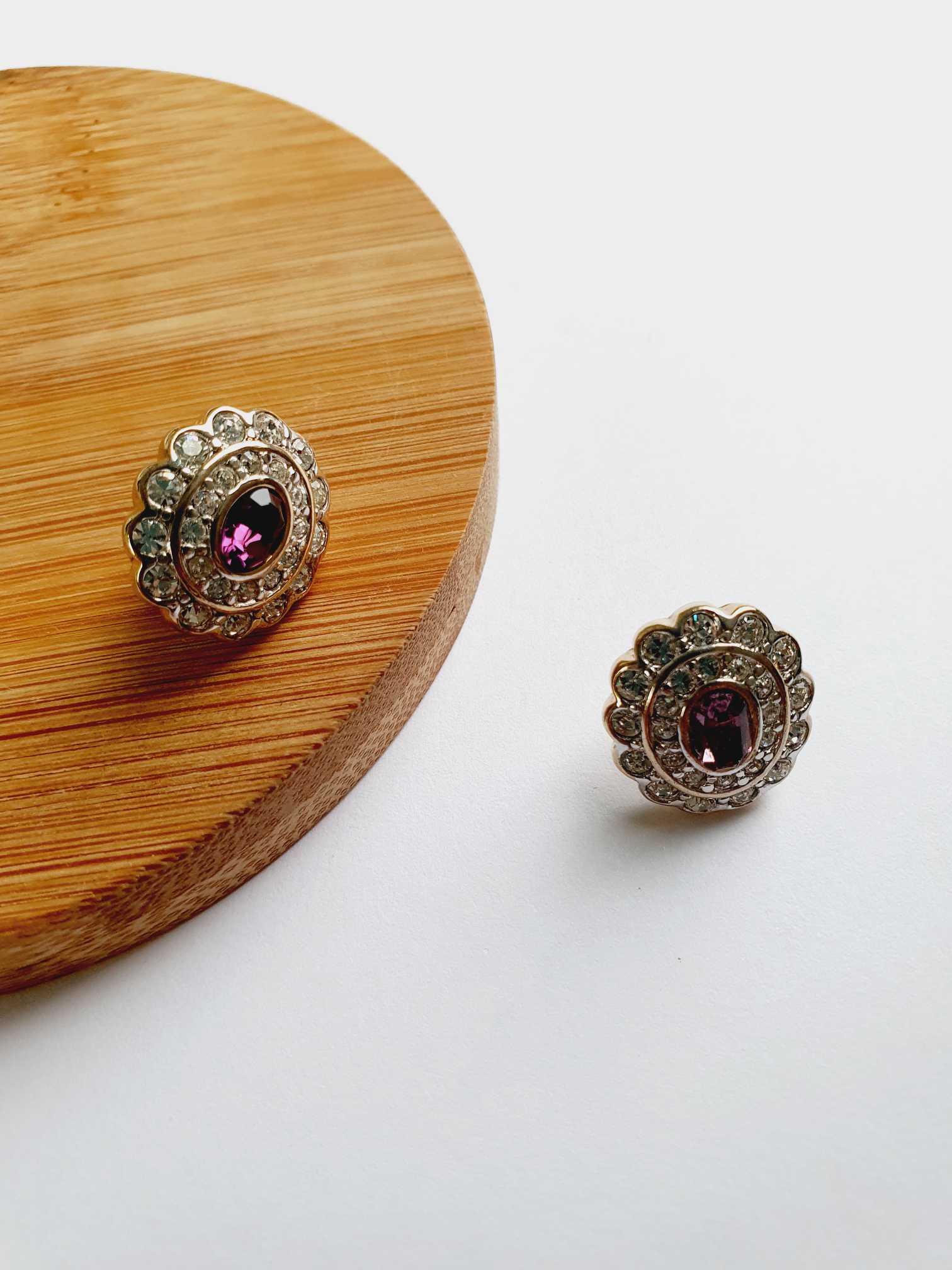 Vintage Gold Toned Clear & Purple Crystal Stud Earrings - Image 3