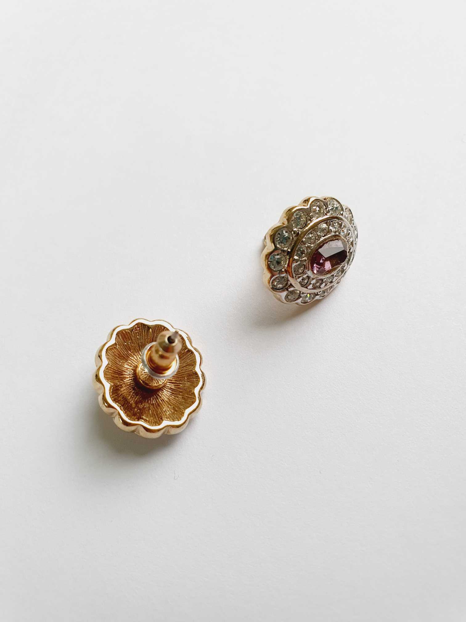 Vintage Gold Toned Clear & Purple Crystal Stud Earrings - Image 4