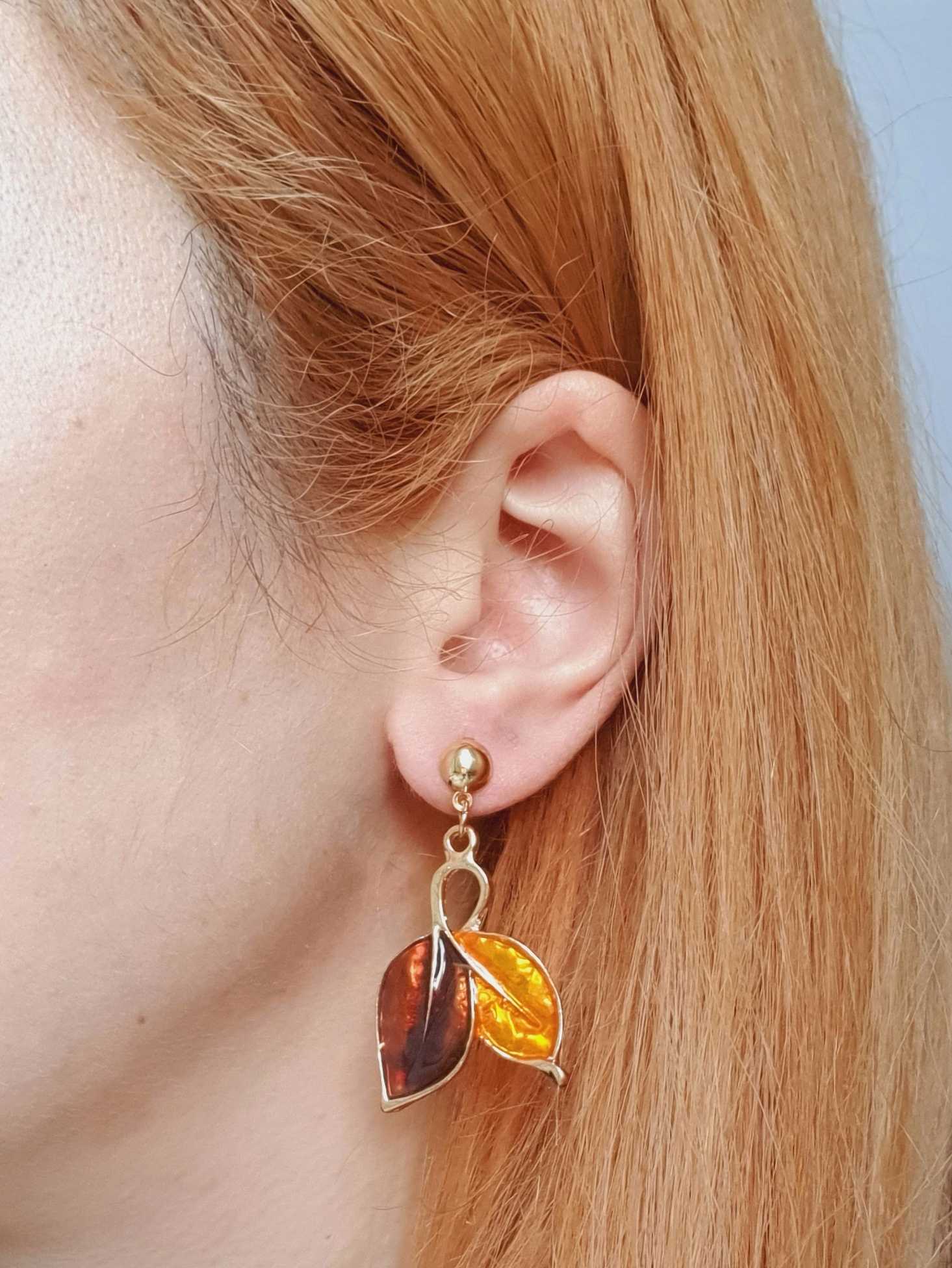 Vintage Gold Toned Enamel Leaf Earrings - Image 2