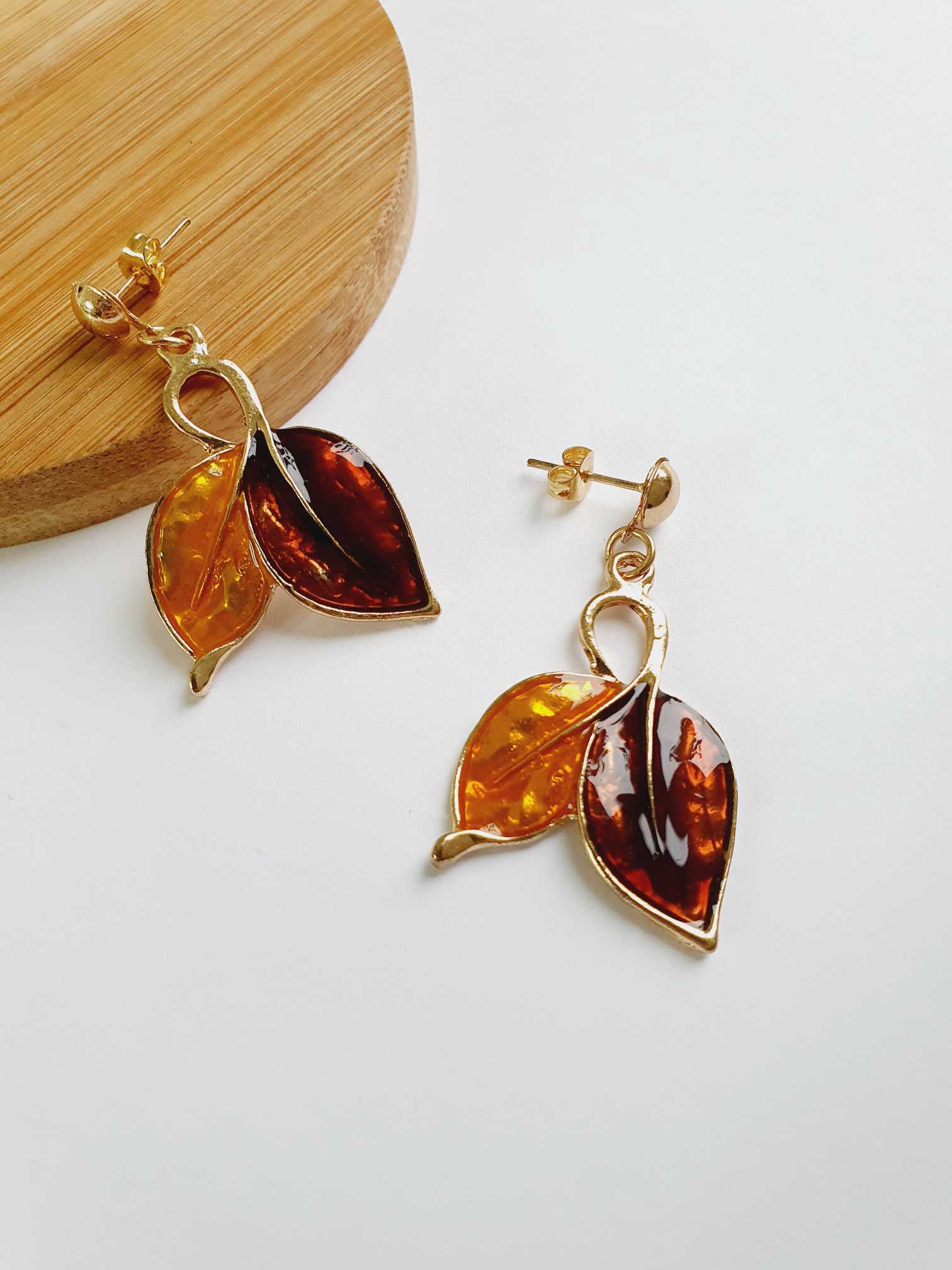 Vintage Gold Toned Enamel Leaf Earrings - Image 3
