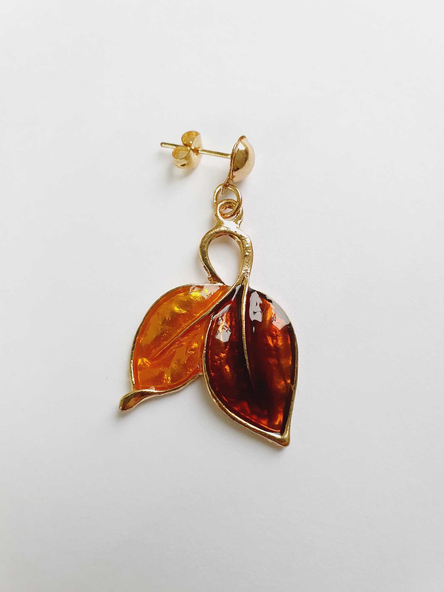Vintage Gold Toned Enamel Leaf Earrings - Image 4