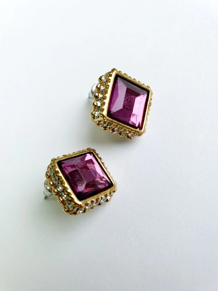 Vintage Gold Toned Purple Crystal Stud Earrings
