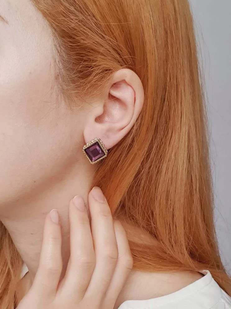 Vintage Gold Toned Purple Crystal Stud Earrings - Image 2