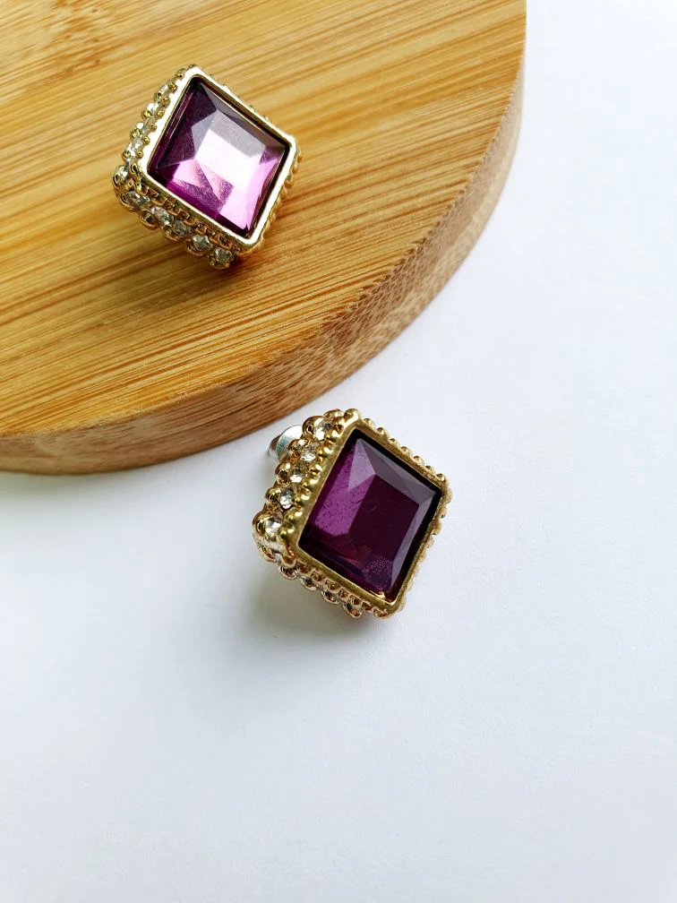 Vintage Gold Toned Purple Crystal Stud Earrings - Image 3