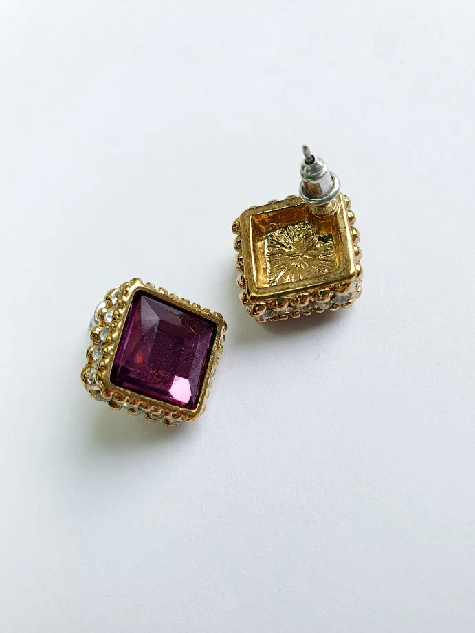 Vintage Gold Toned Purple Crystal Stud Earrings - Image 4