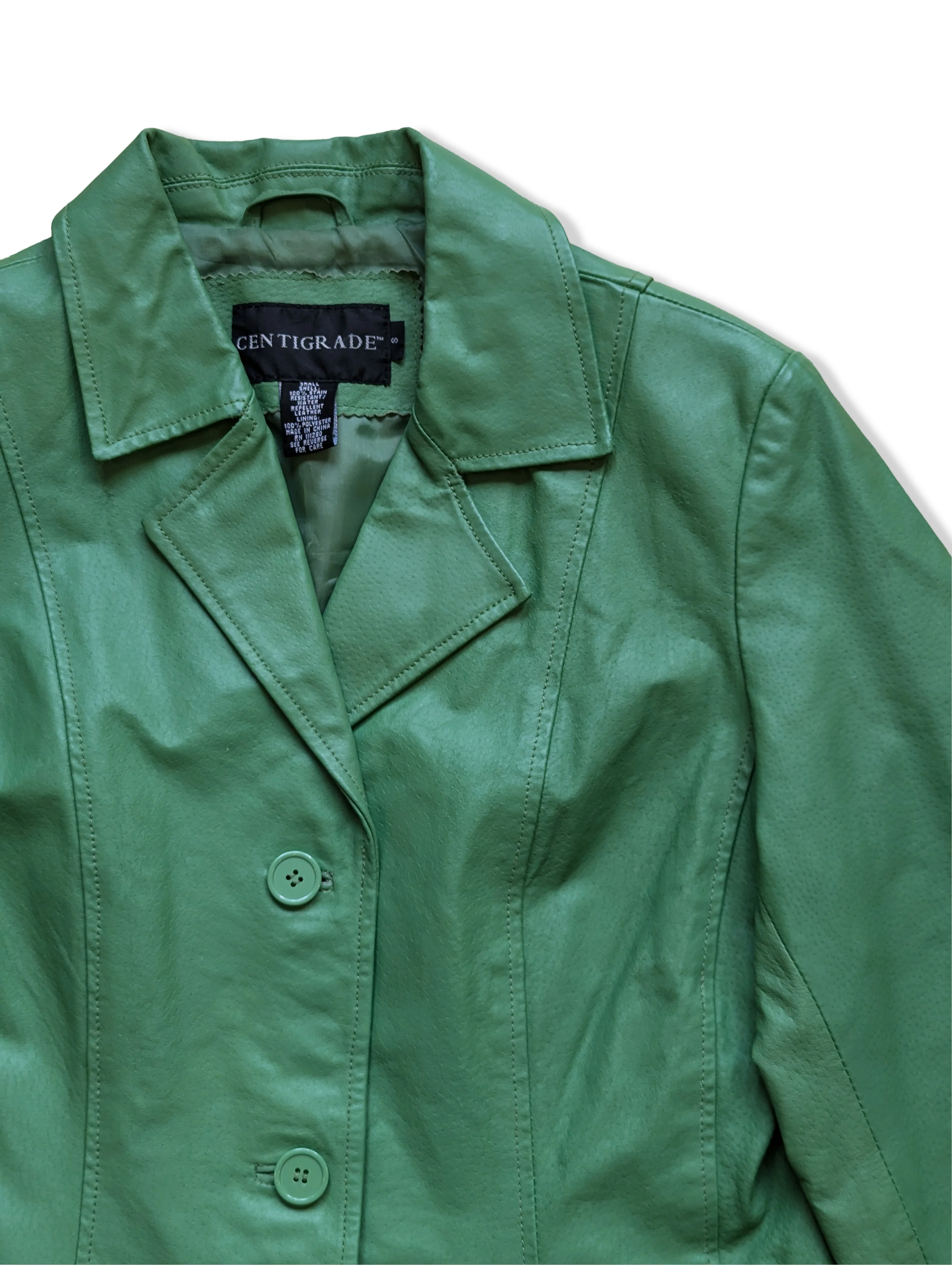Vintage Green Leather Blazer Jacket - S/M - Image 2