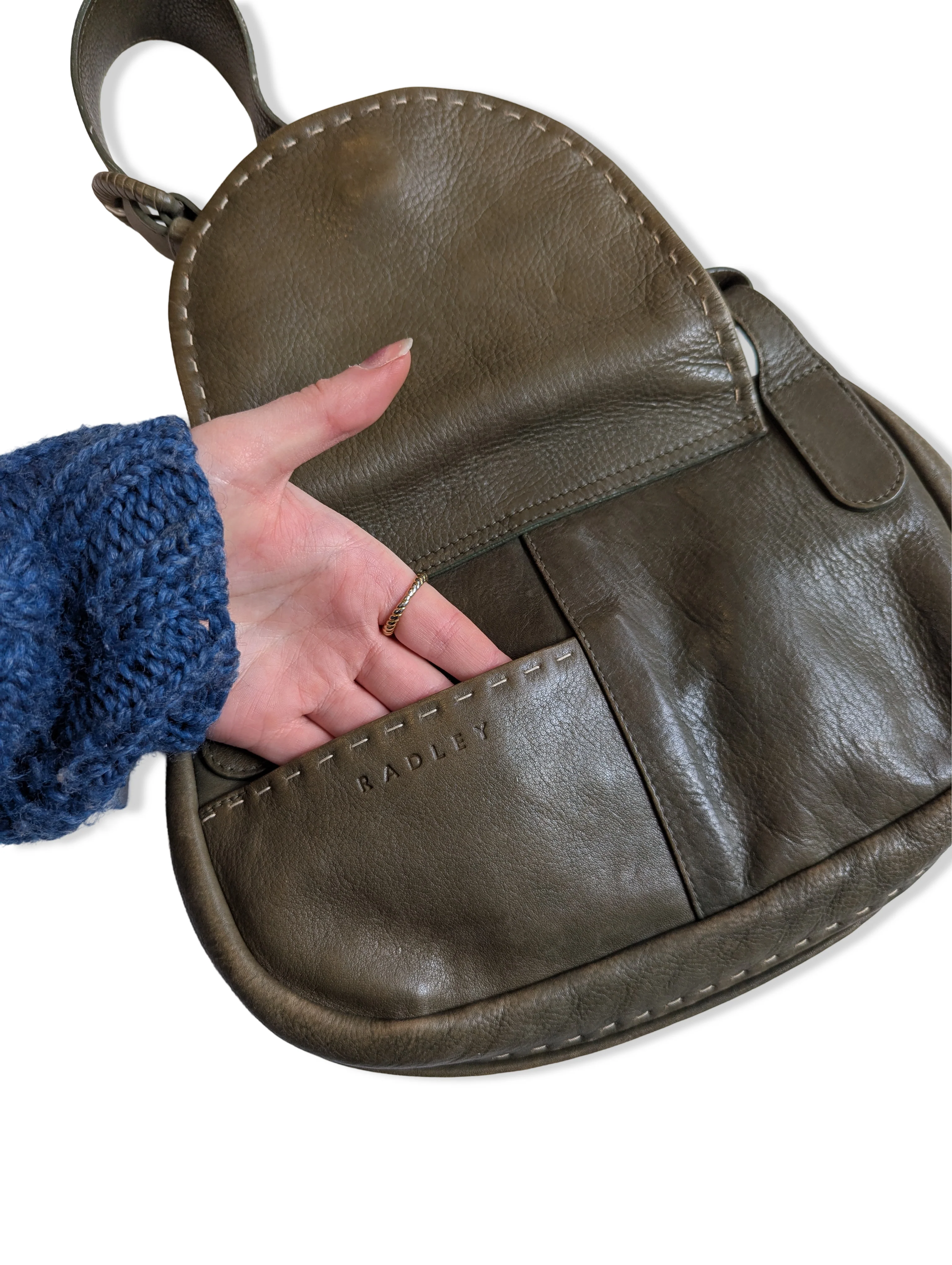 Vintage Khaki Green Leather Radley Shoulder Bag - Image 6