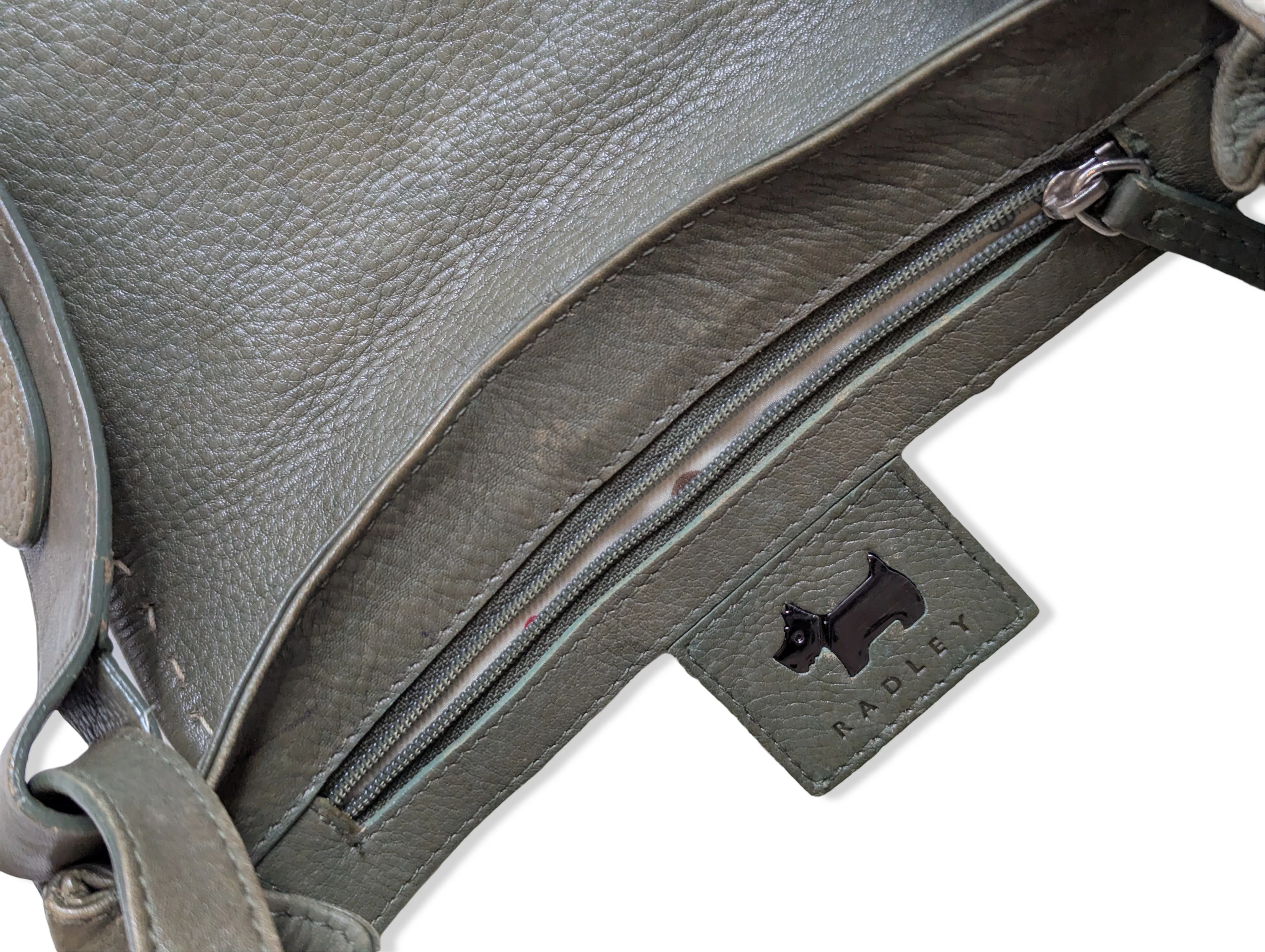 Vintage Khaki Green Leather Radley Shoulder Bag - Image 7