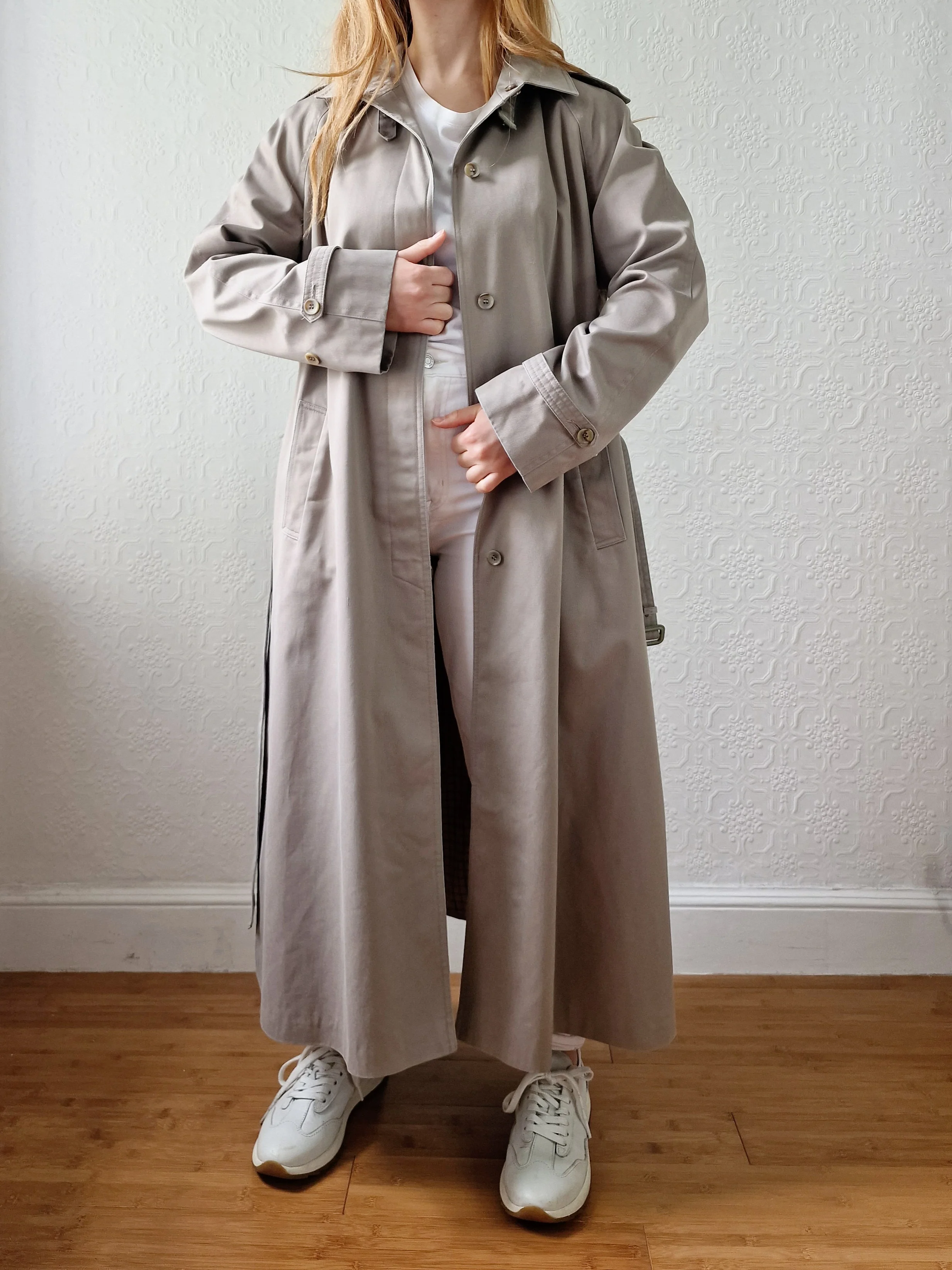 Vintage Grey Beige Single Breasted Trench Coat with Belt by Dannimac - S/M - Image 11