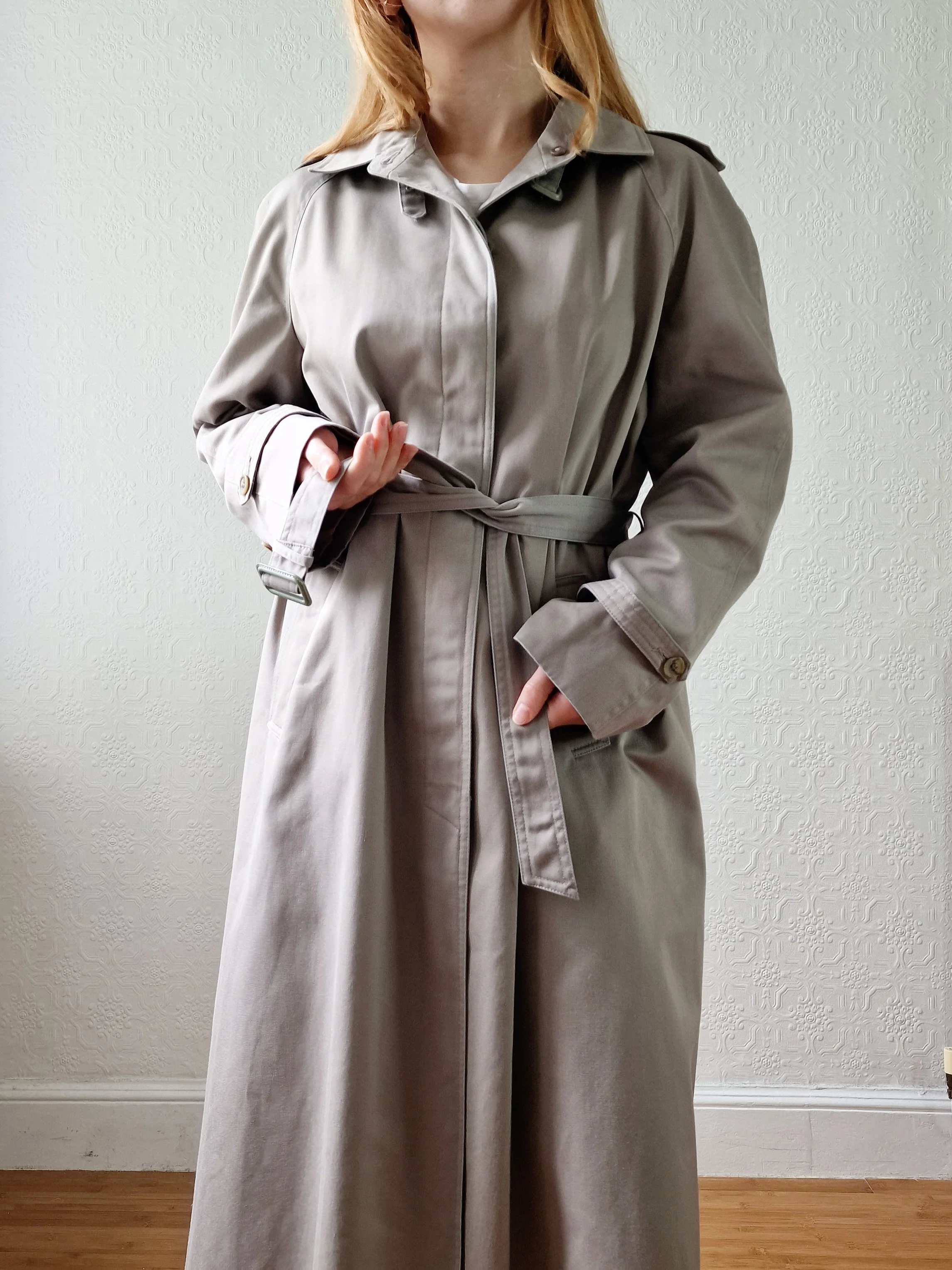 Vintage Grey Beige Single Breasted Trench Coat with Belt by Dannimac - S/M - Image 2