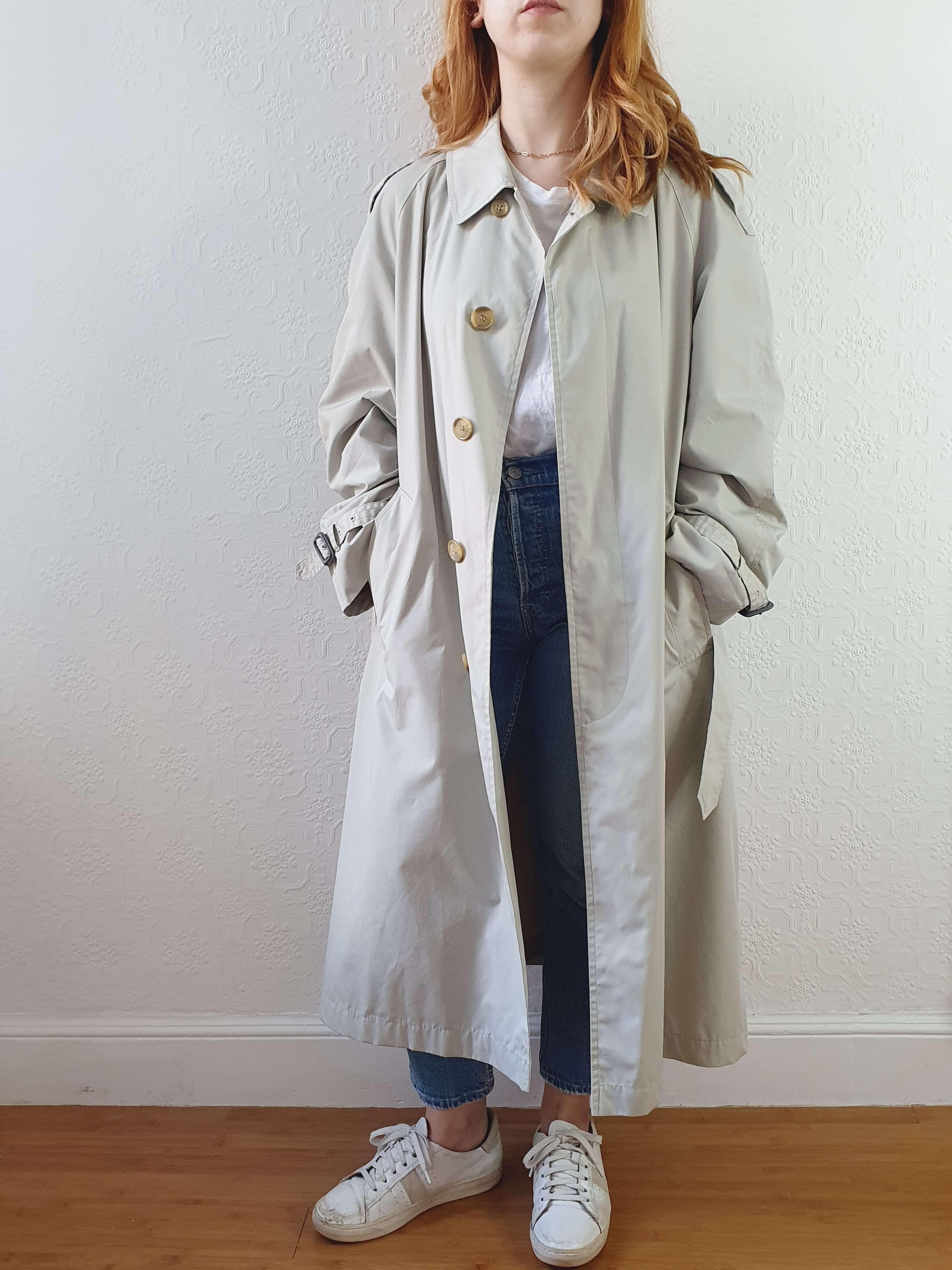 Vintage Grey Beige Single Breasted Trench Coat with Belt - L